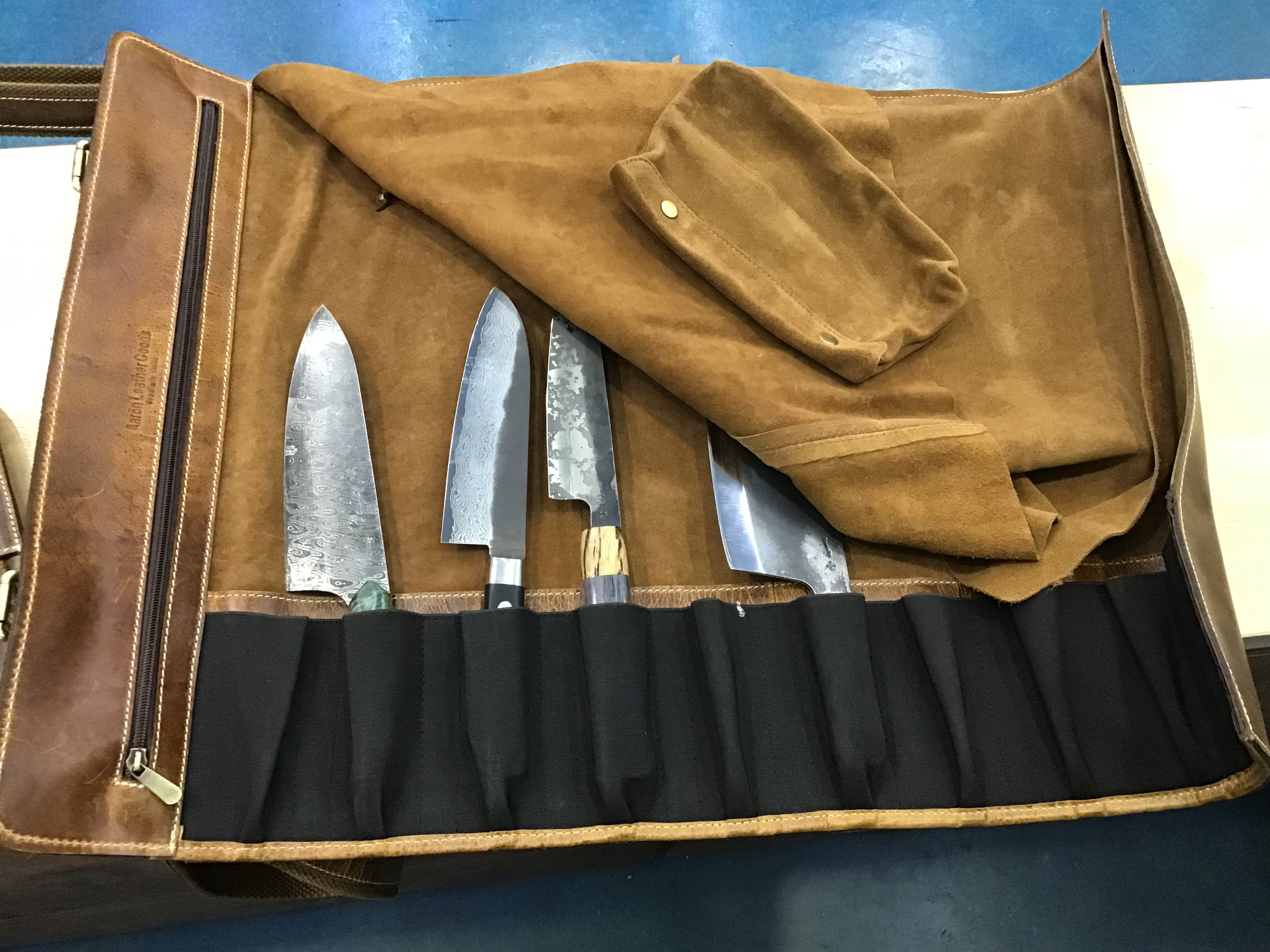 Leather Chef Roll, 10 Knife with 4 small Accessories pockets