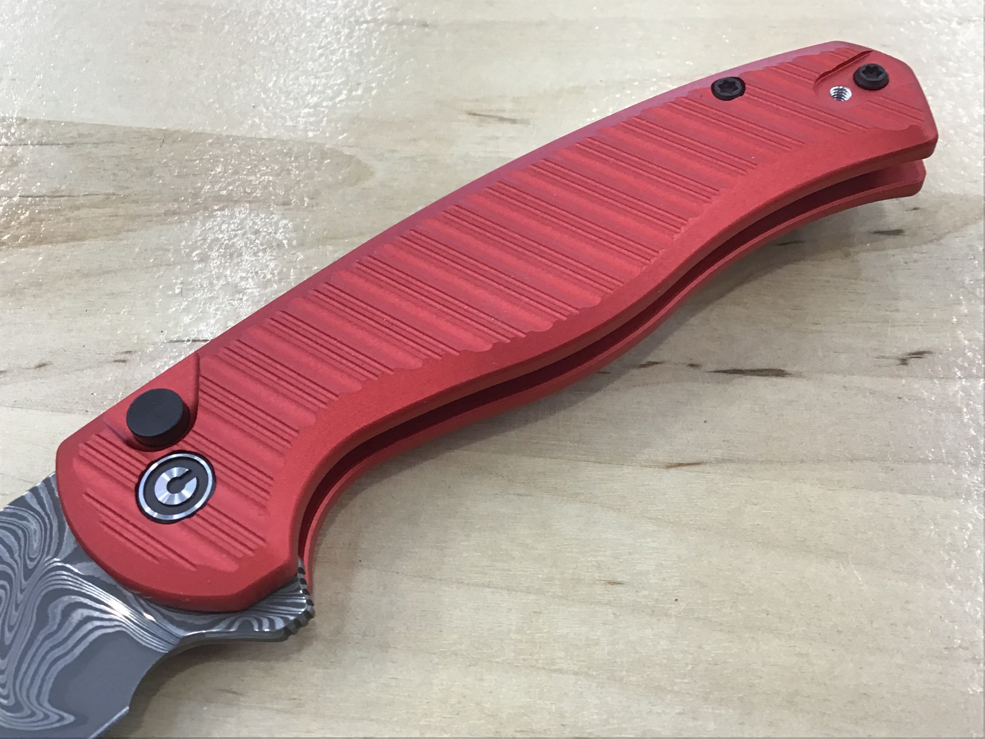 CIVIVI Stormhowl Flipper & Button Lock Knife Milled Red Aluminum Handle (3.3" Damascus Blade) C23040B-DS1