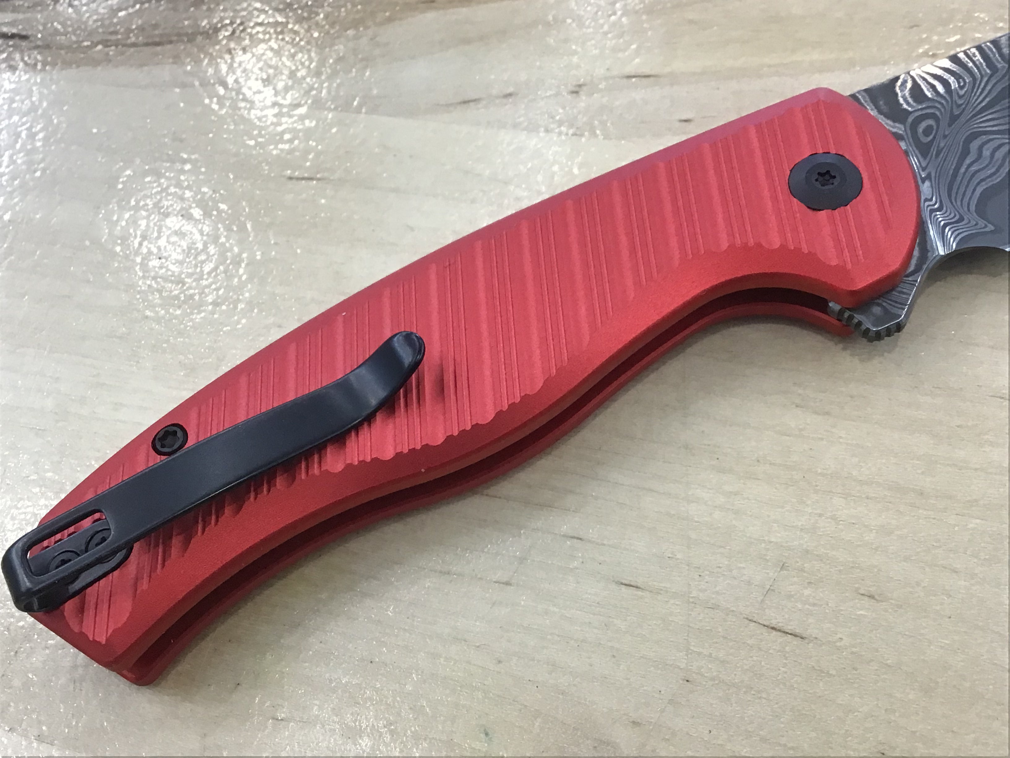 CIVIVI Stormhowl Flipper & Button Lock Knife Milled Red Aluminum Handle (3.3" Damascus Blade) C23040B-DS1