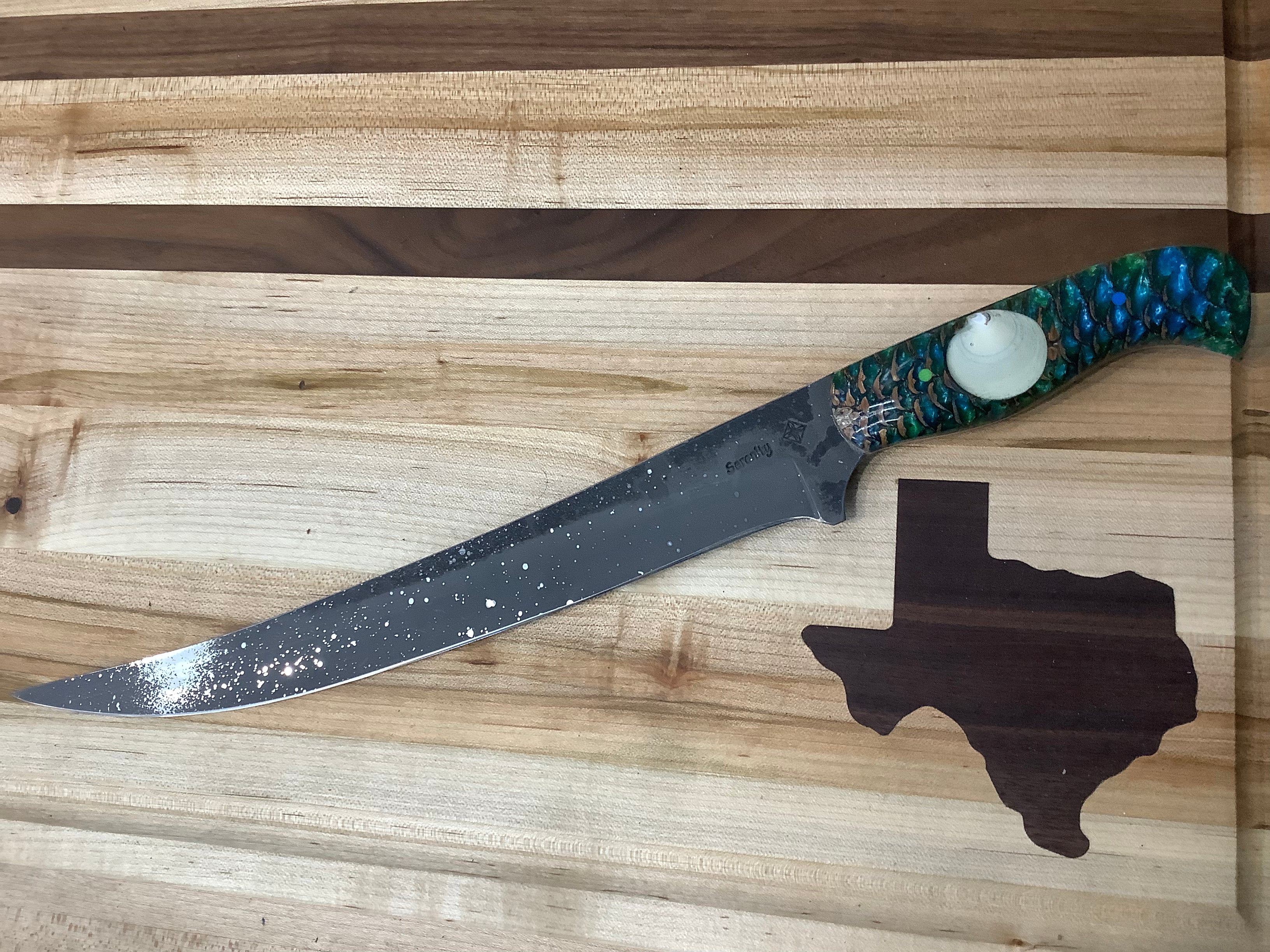 Long Boning Knife with Blue/Green Pinecone handle with Shell resin inlay