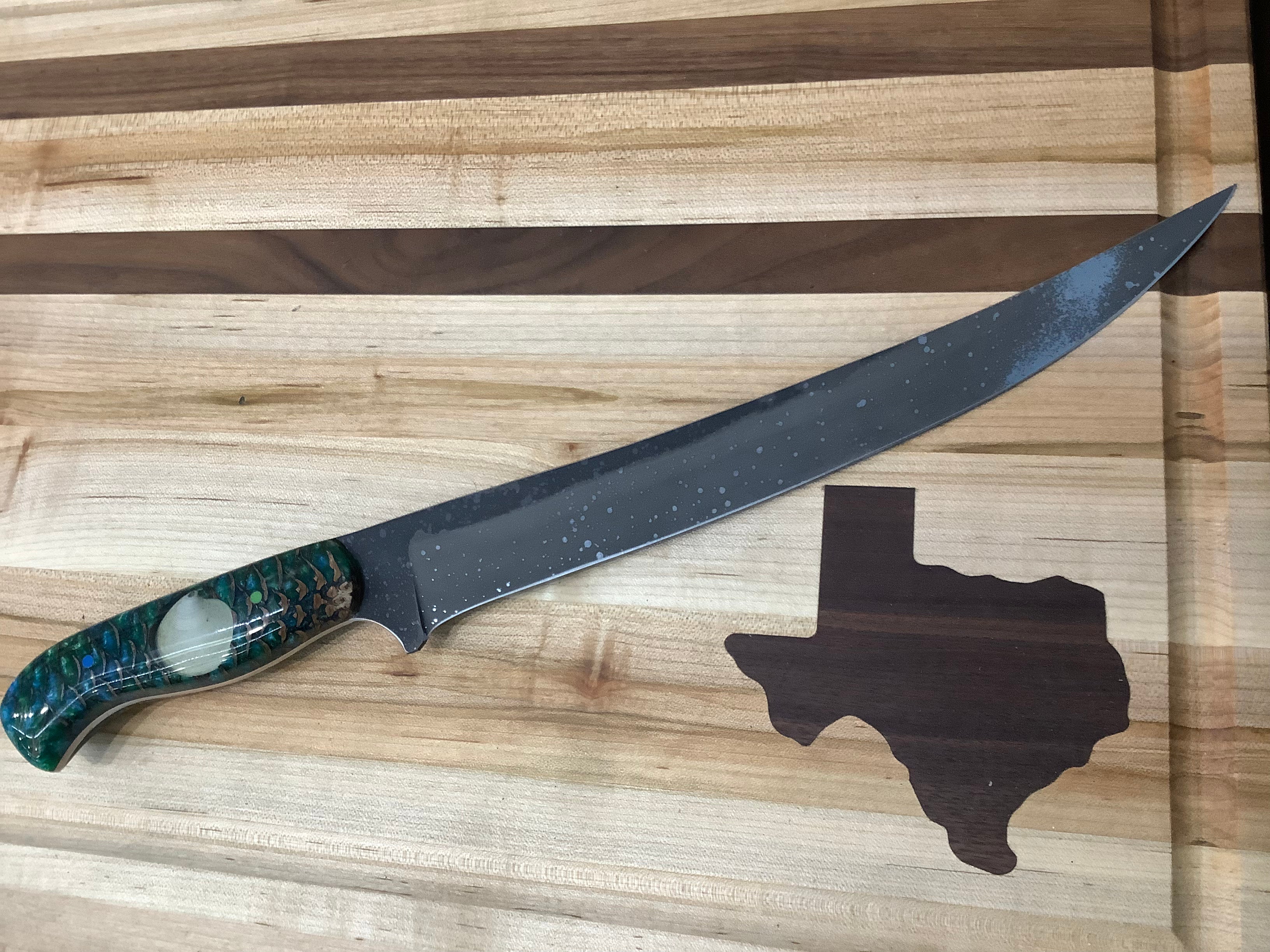 Long Boning Knife with Blue/Green Pinecone handle with Shell resin inlay