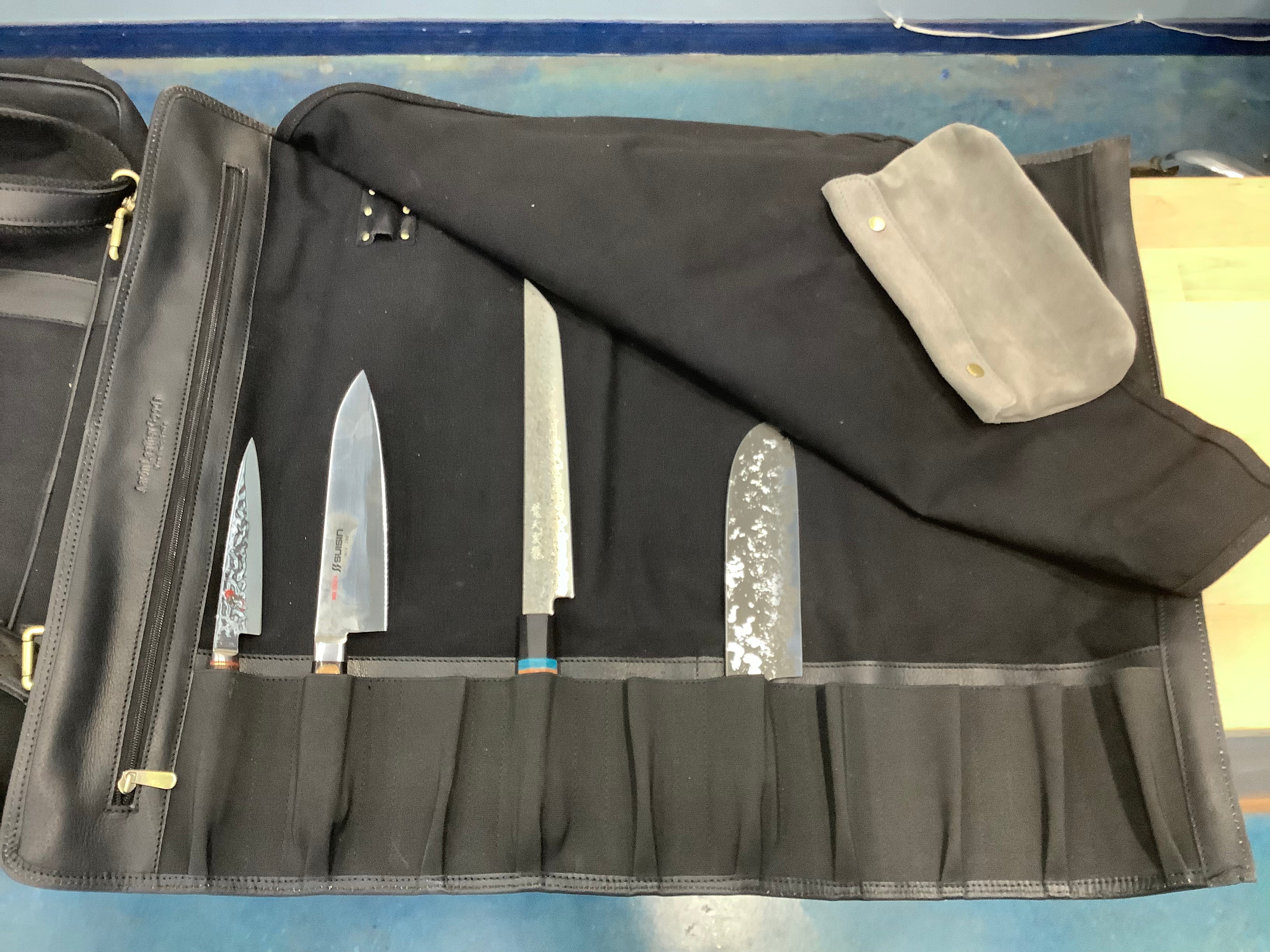 Black Canvas & Leather Chef Roll, 10 Knife with 4 small Accessories pockets