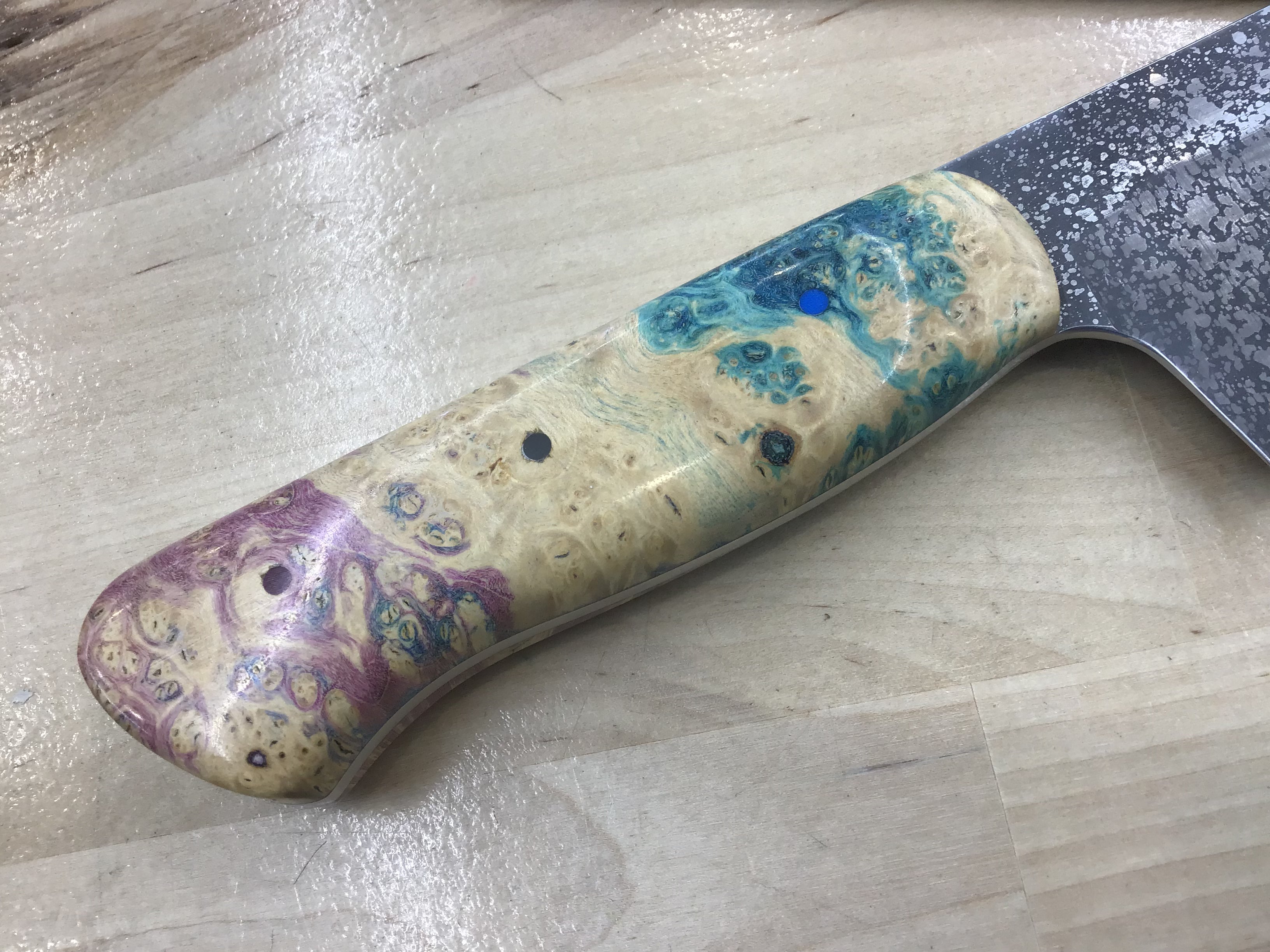 K-Tip Gyuto in CPM MagnaCut Double Acid Stone Wash Finish with Double Dyed Box Elder Handle