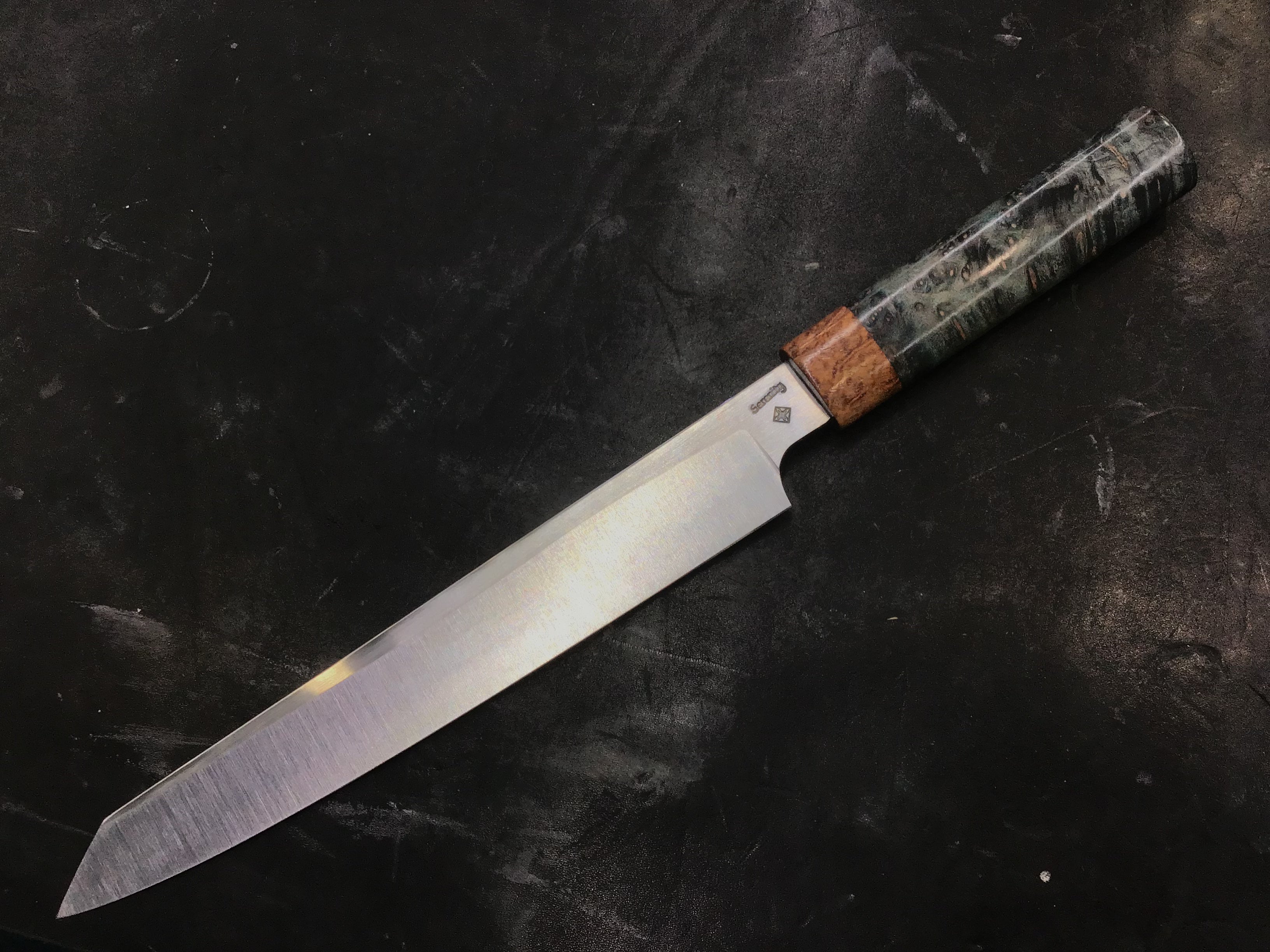 Sujihiki Slicer in CPM MagnaCut - Koa and Box Elder Burl Handle 10” (275mm)