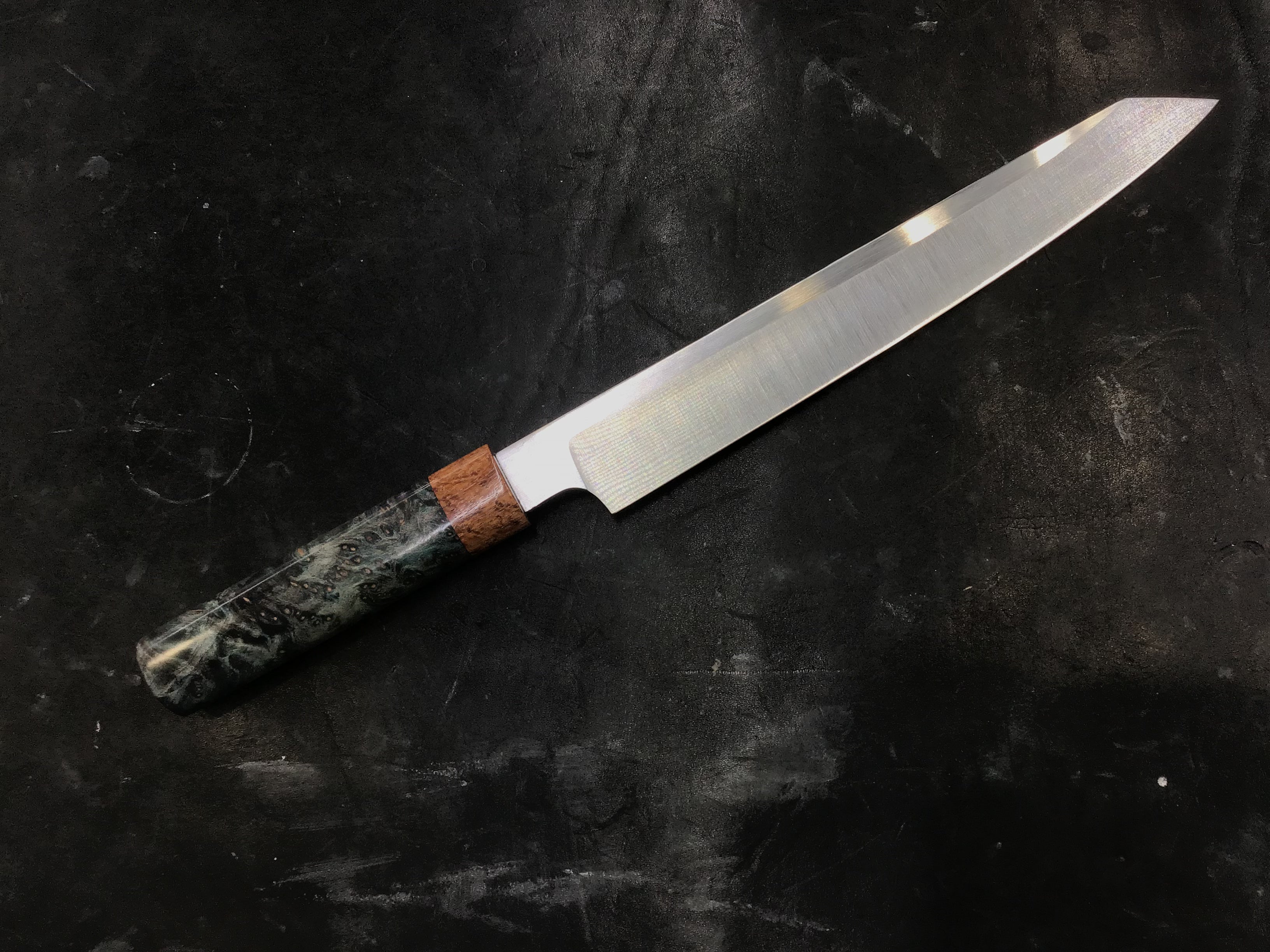 Sujihiki Slicer in CPM MagnaCut - Koa and Box Elder Burl Handle 10” (275mm)