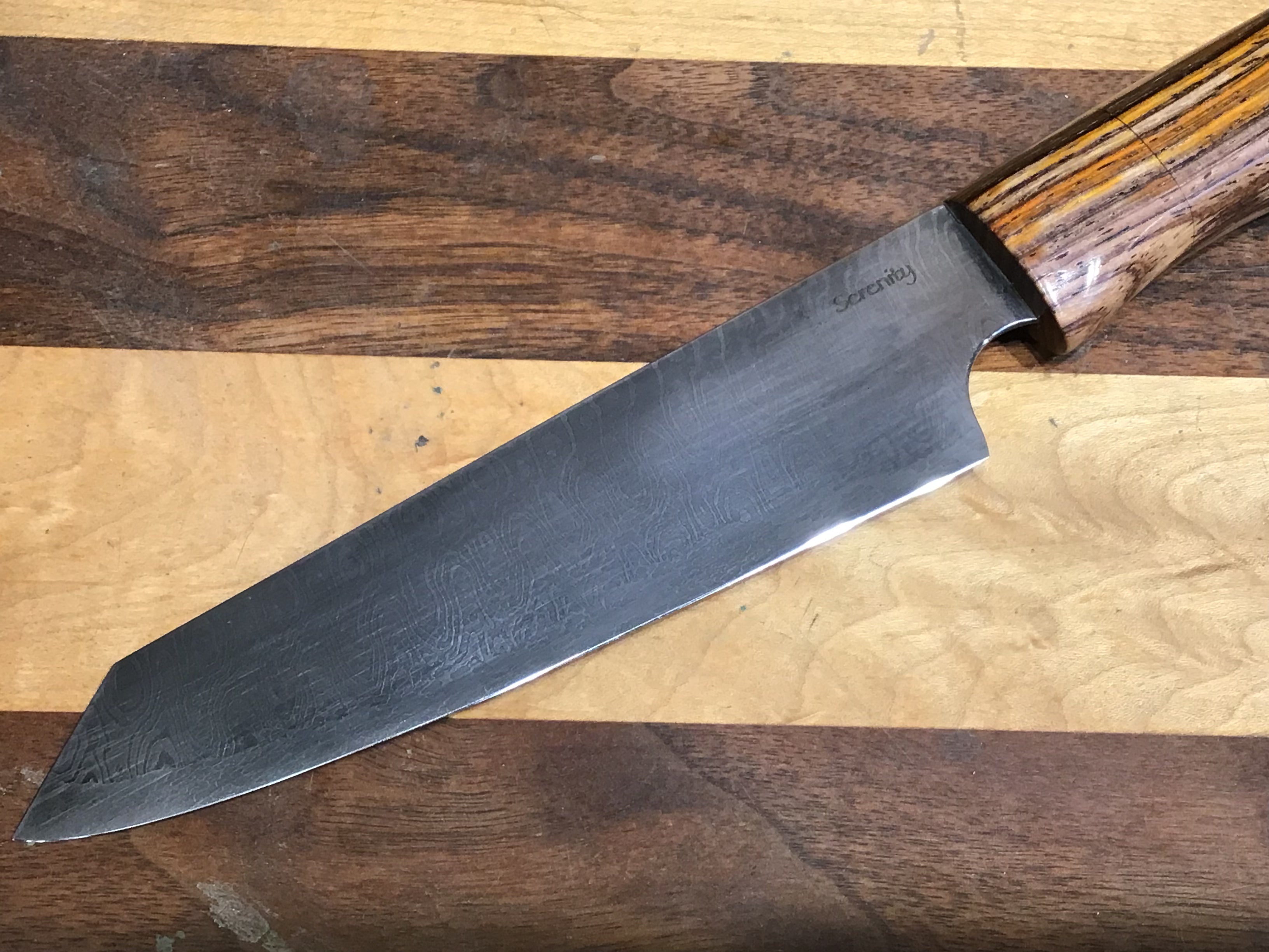 Damascus Petty Knife in White #1 High Carbon with a Natural Cocobolo Handle