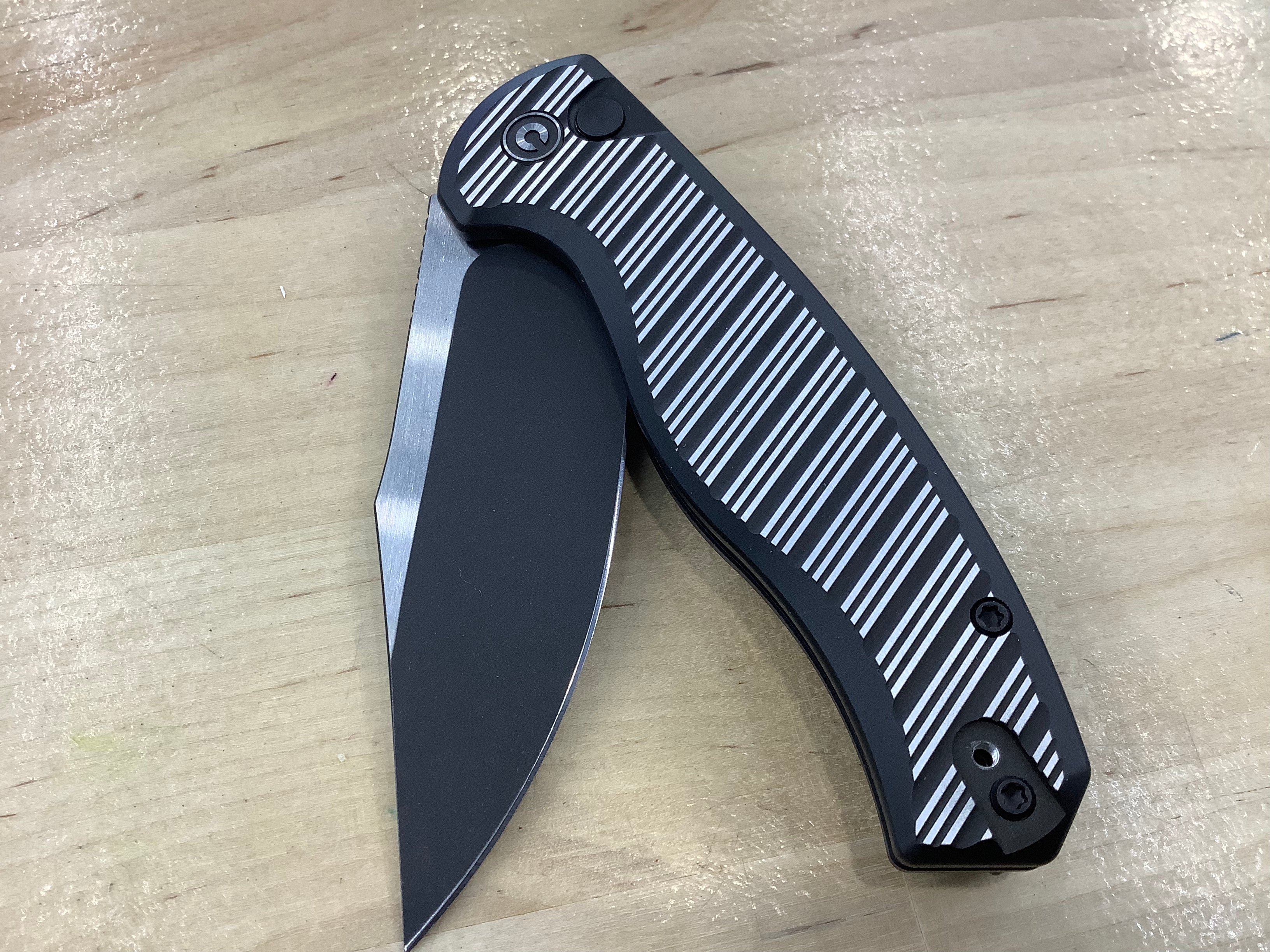 CIVIVI Stormhowl Flipper & Button Lock Knife Milled Black Aluminum Handle, Satin Flat (3.3" Black Stonewashed Nitro-V Blade, Satin Flat) C23040B-1