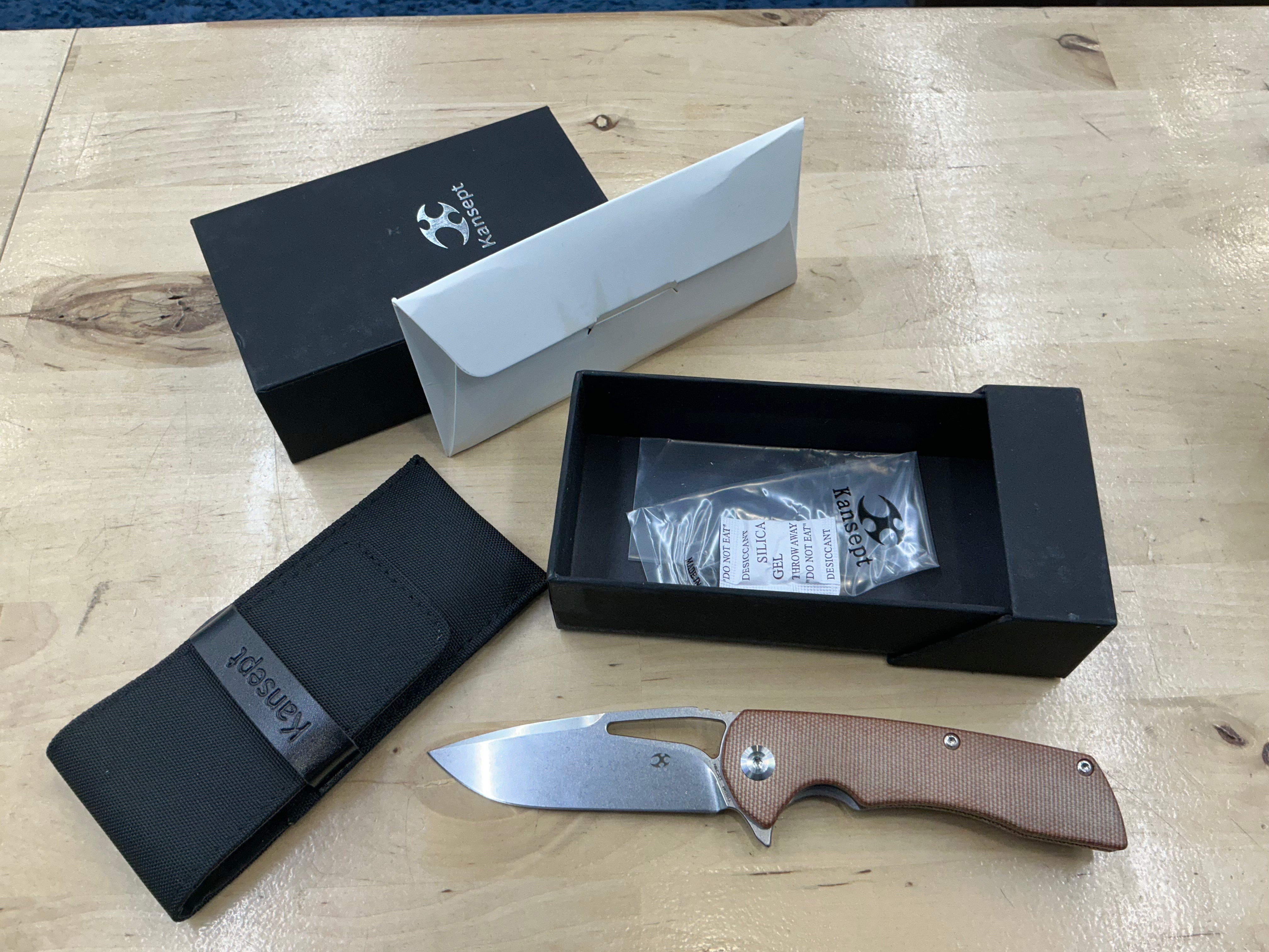 KANSEPT KRYO THUMB HOLE/FLIPPER KNIFE BROWN MICARTA HANDLE (3.58"12C28N BLADE) -T1001M4