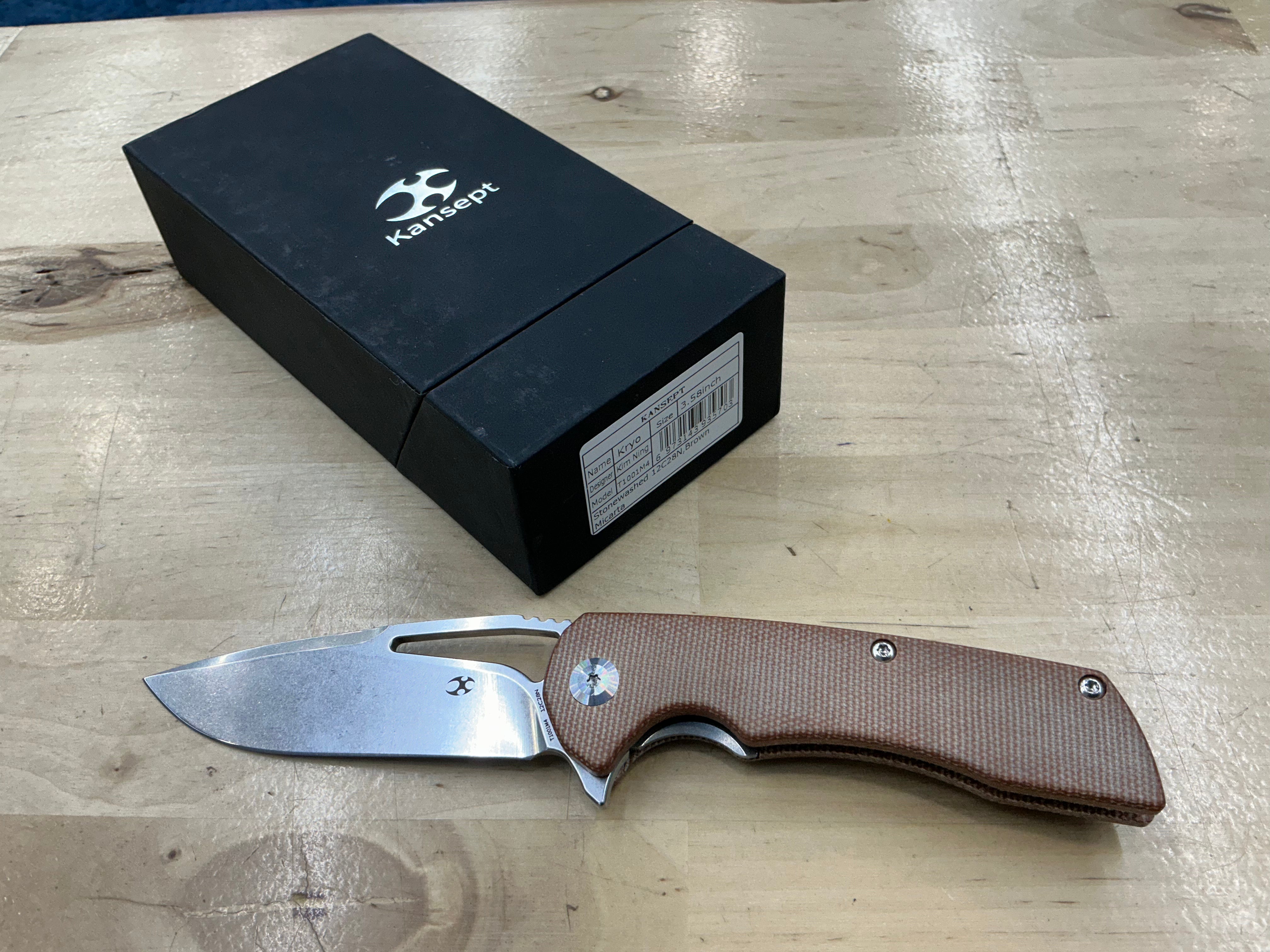 KANSEPT KRYO THUMB HOLE/FLIPPER KNIFE BROWN MICARTA HANDLE (3.58"12C28N BLADE) -T1001M4