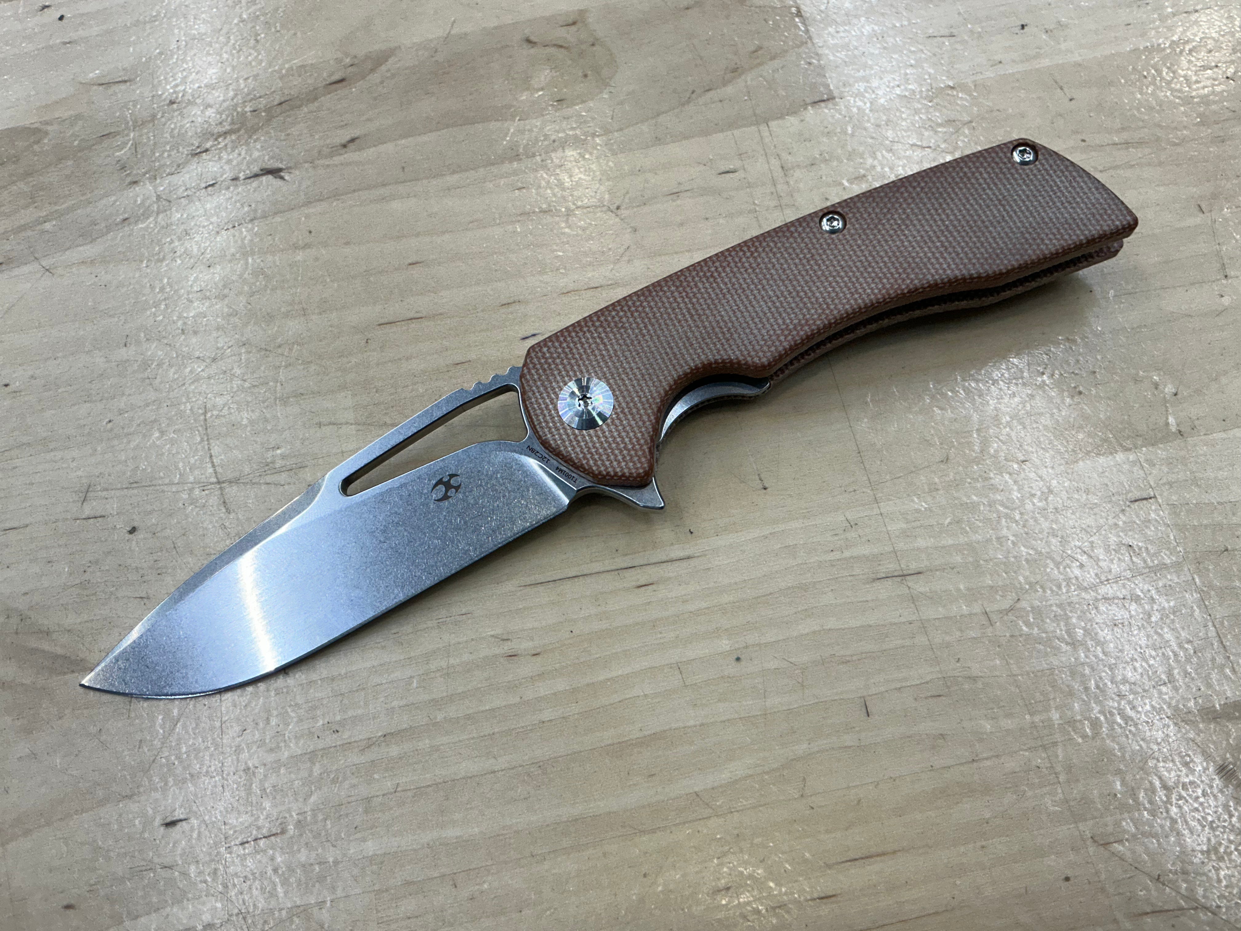 KANSEPT KRYO THUMB HOLE/FLIPPER KNIFE BROWN MICARTA HANDLE (3.58"12C28N BLADE) -T1001M4