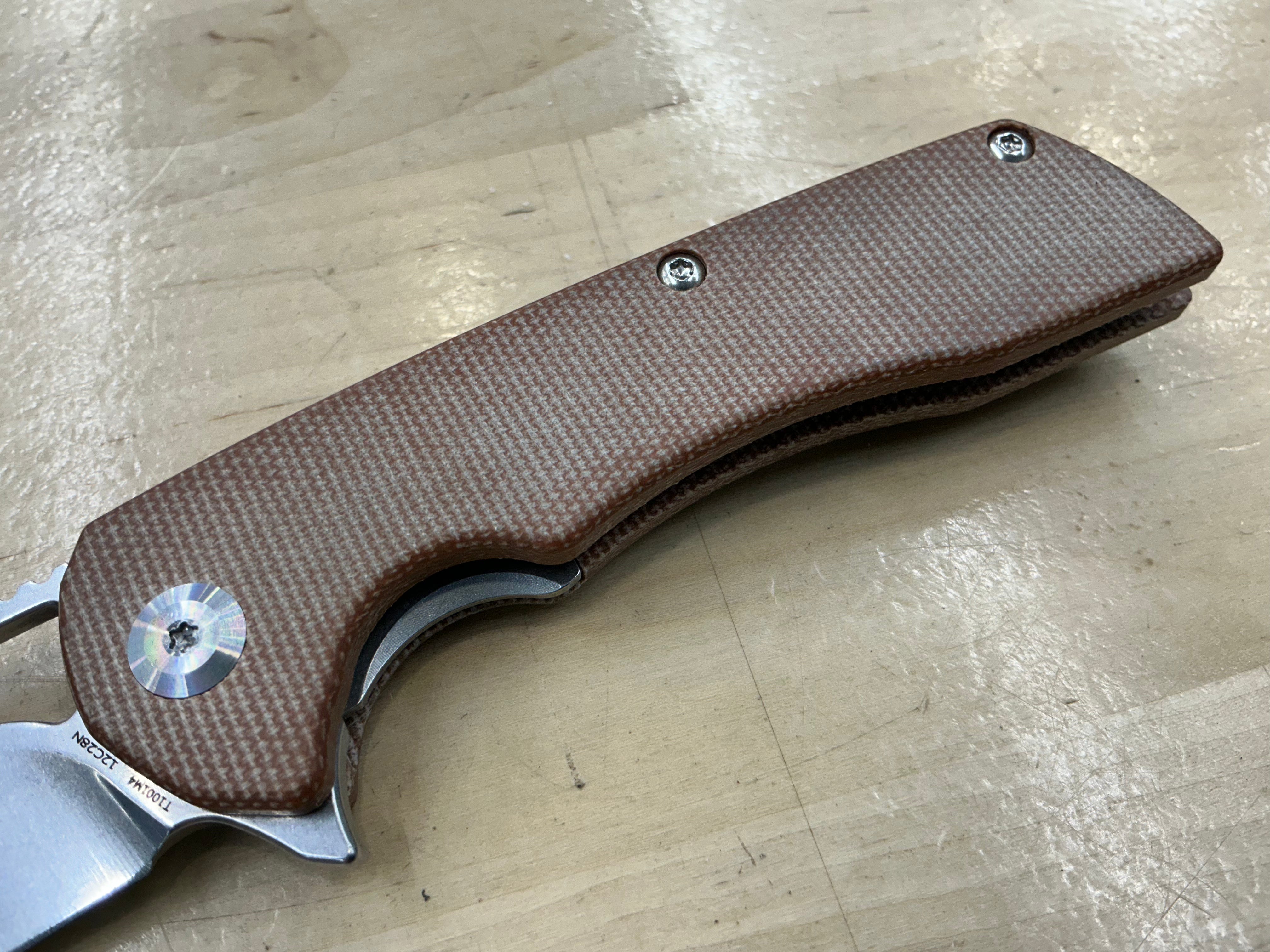 KANSEPT KRYO THUMB HOLE/FLIPPER KNIFE BROWN MICARTA HANDLE (3.58"12C28N BLADE) -T1001M4