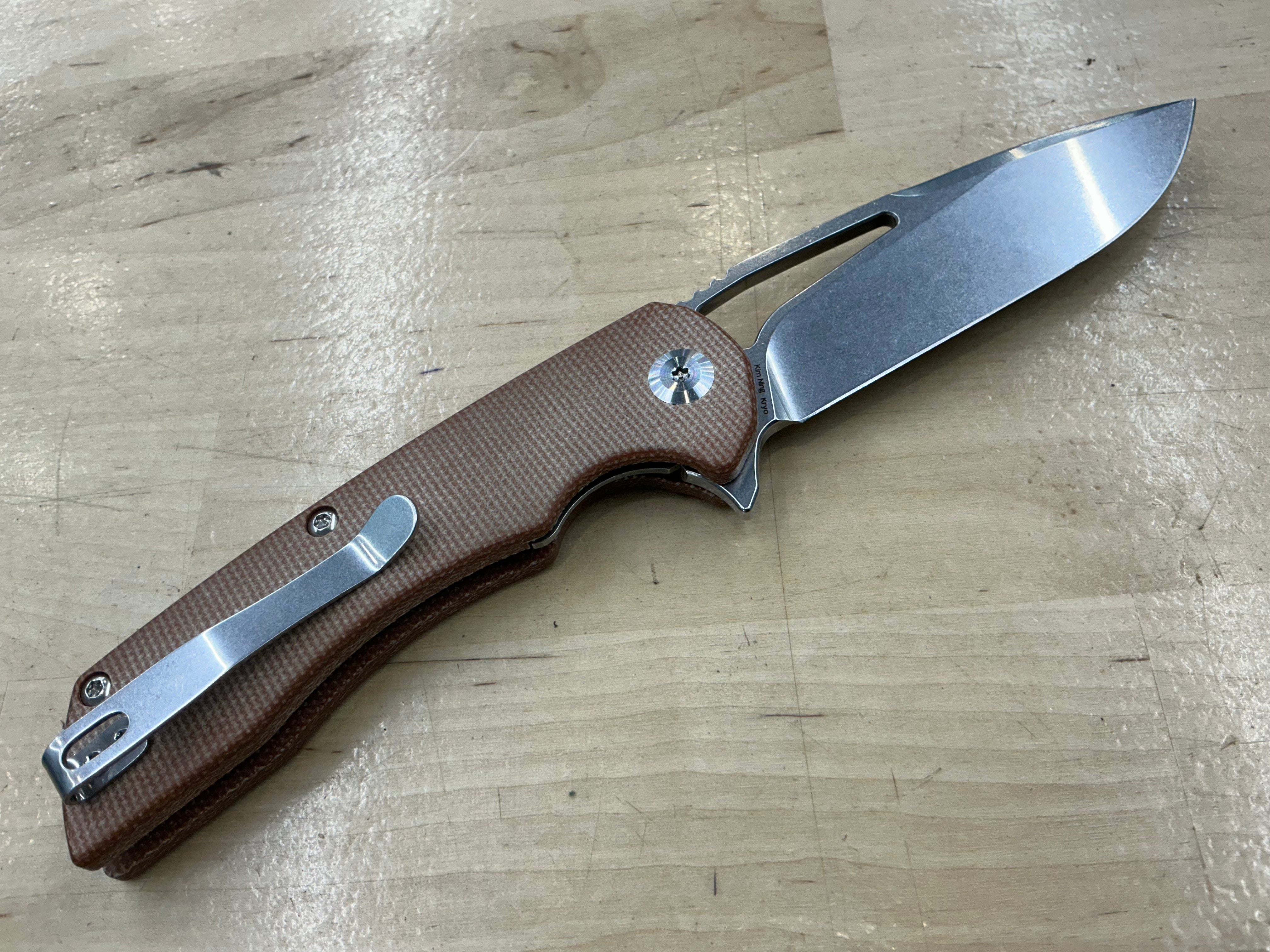 KANSEPT KRYO THUMB HOLE/FLIPPER KNIFE BROWN MICARTA HANDLE (3.58"12C28N BLADE) -T1001M4