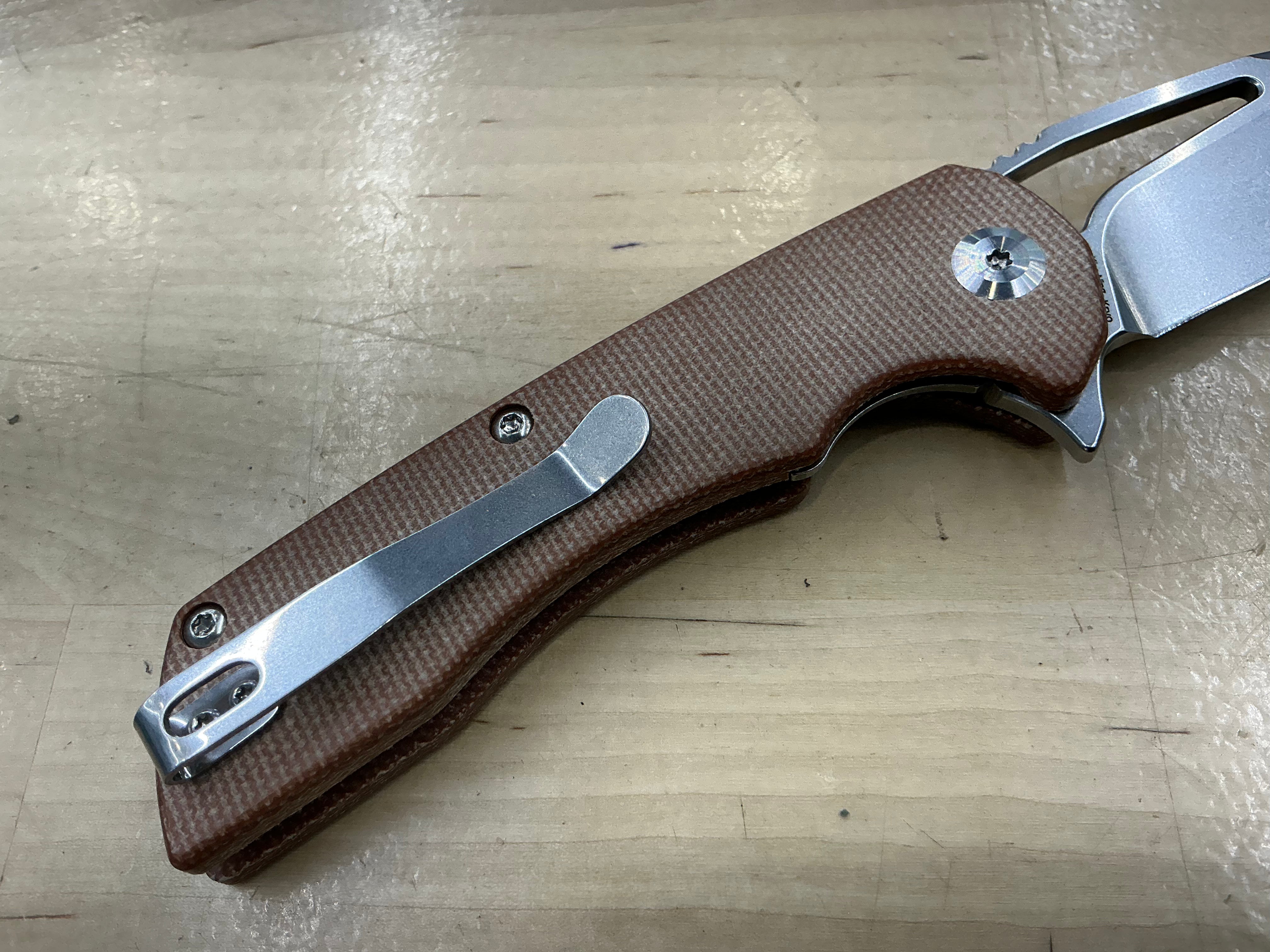 KANSEPT KRYO THUMB HOLE/FLIPPER KNIFE BROWN MICARTA HANDLE (3.58"12C28N BLADE) -T1001M4