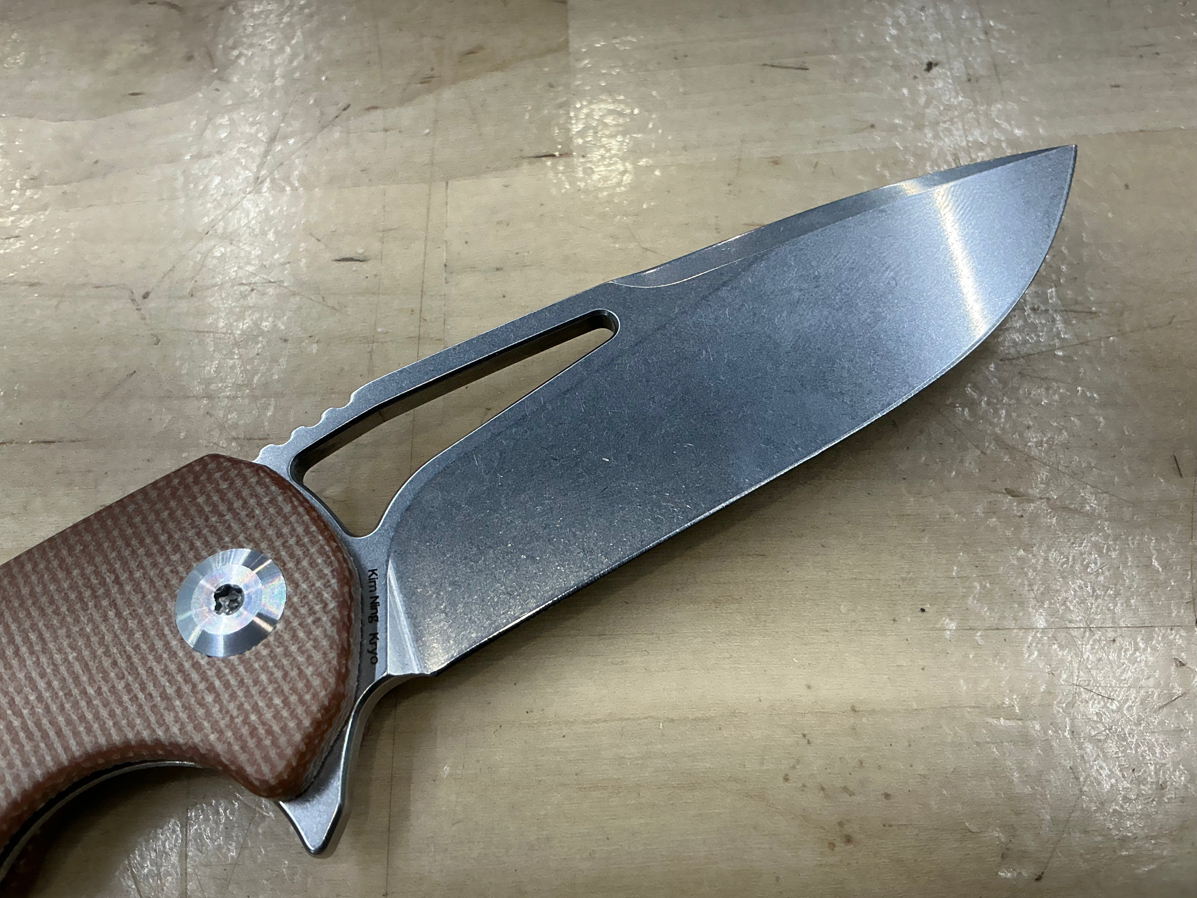 KANSEPT KRYO THUMB HOLE/FLIPPER KNIFE BROWN MICARTA HANDLE (3.58"12C28N BLADE) -T1001M4