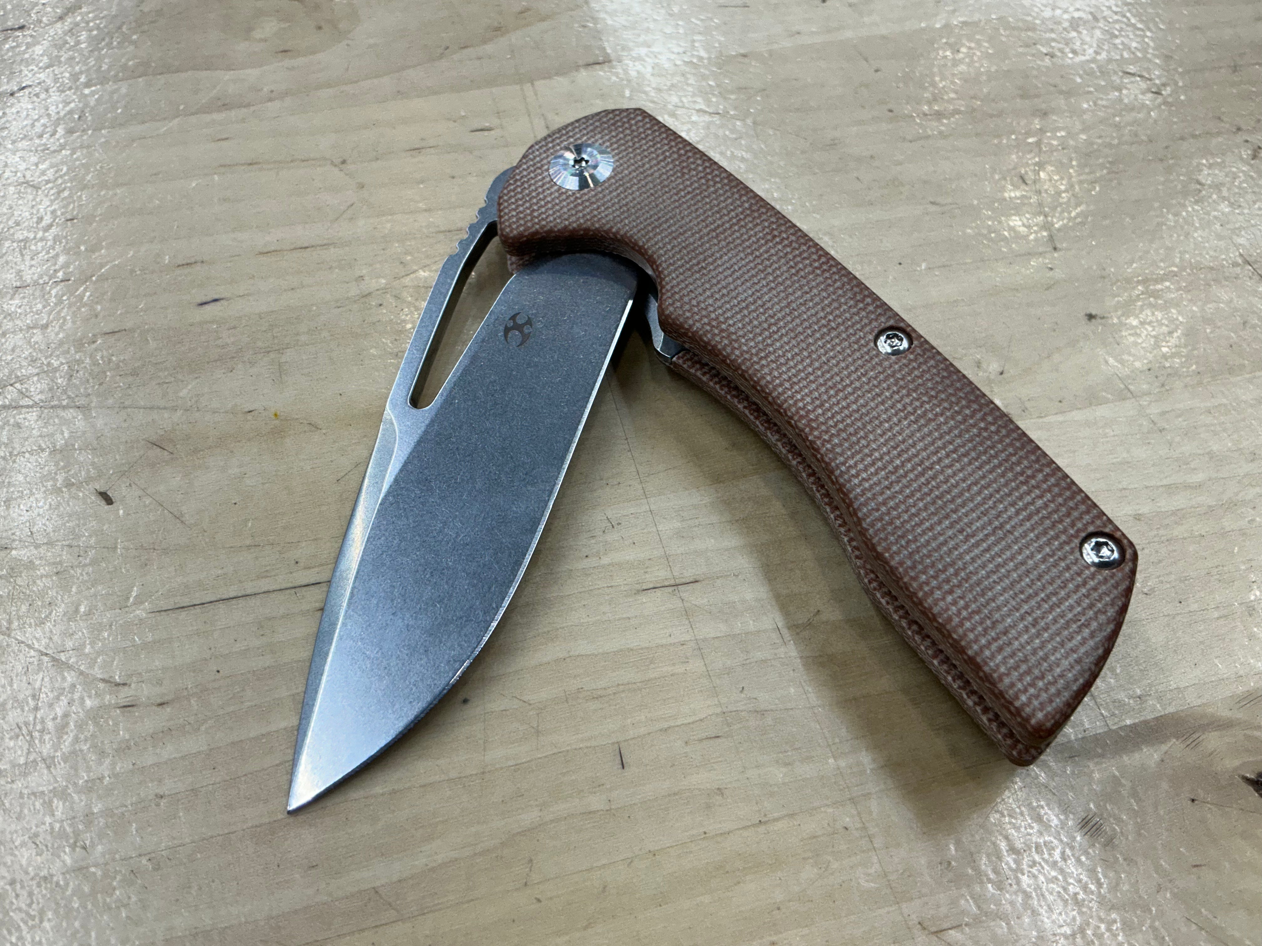KANSEPT KRYO THUMB HOLE/FLIPPER KNIFE BROWN MICARTA HANDLE (3.58"12C28N BLADE) -T1001M4