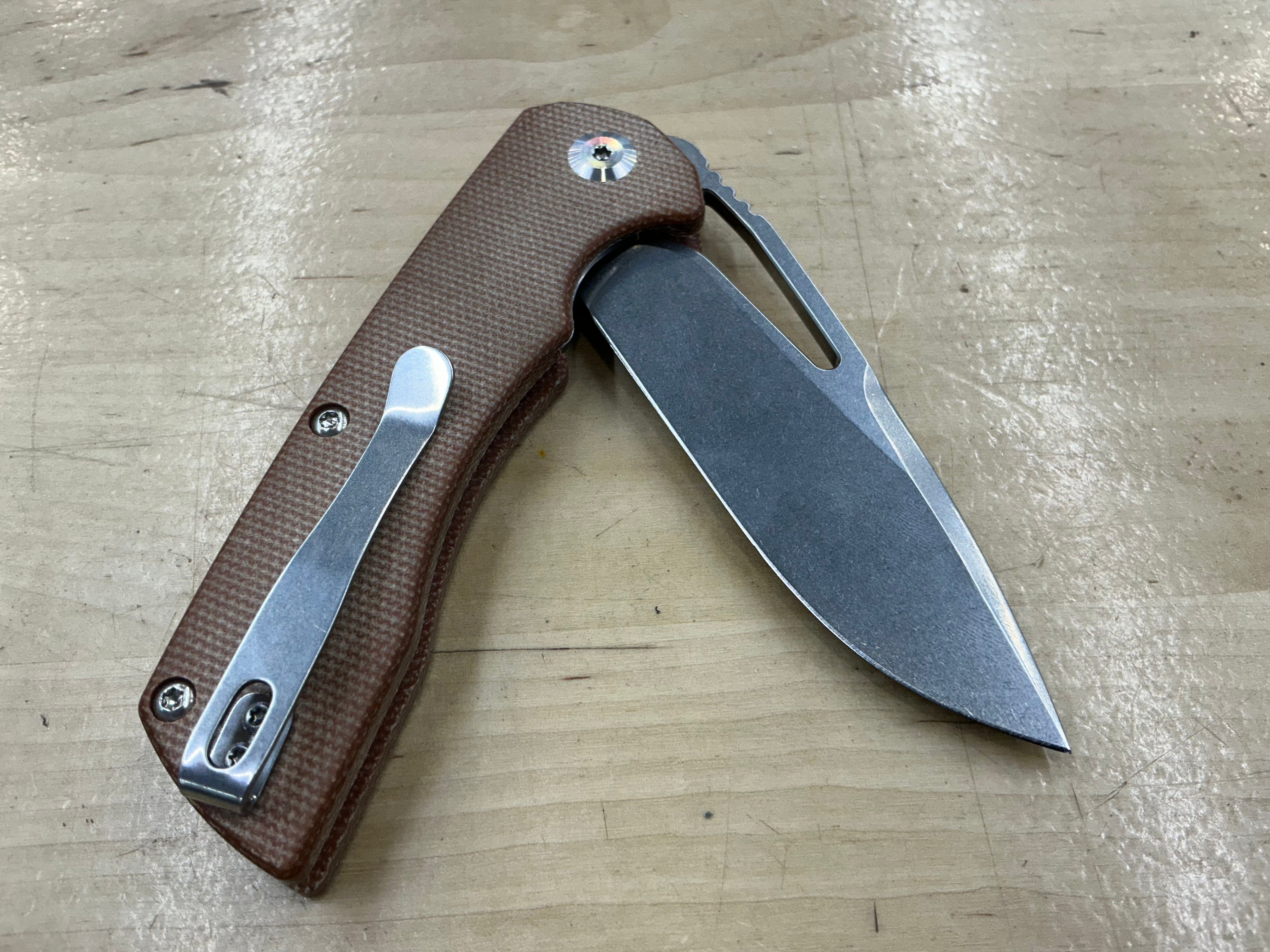 KANSEPT KRYO THUMB HOLE/FLIPPER KNIFE BROWN MICARTA HANDLE (3.58"12C28N BLADE) -T1001M4
