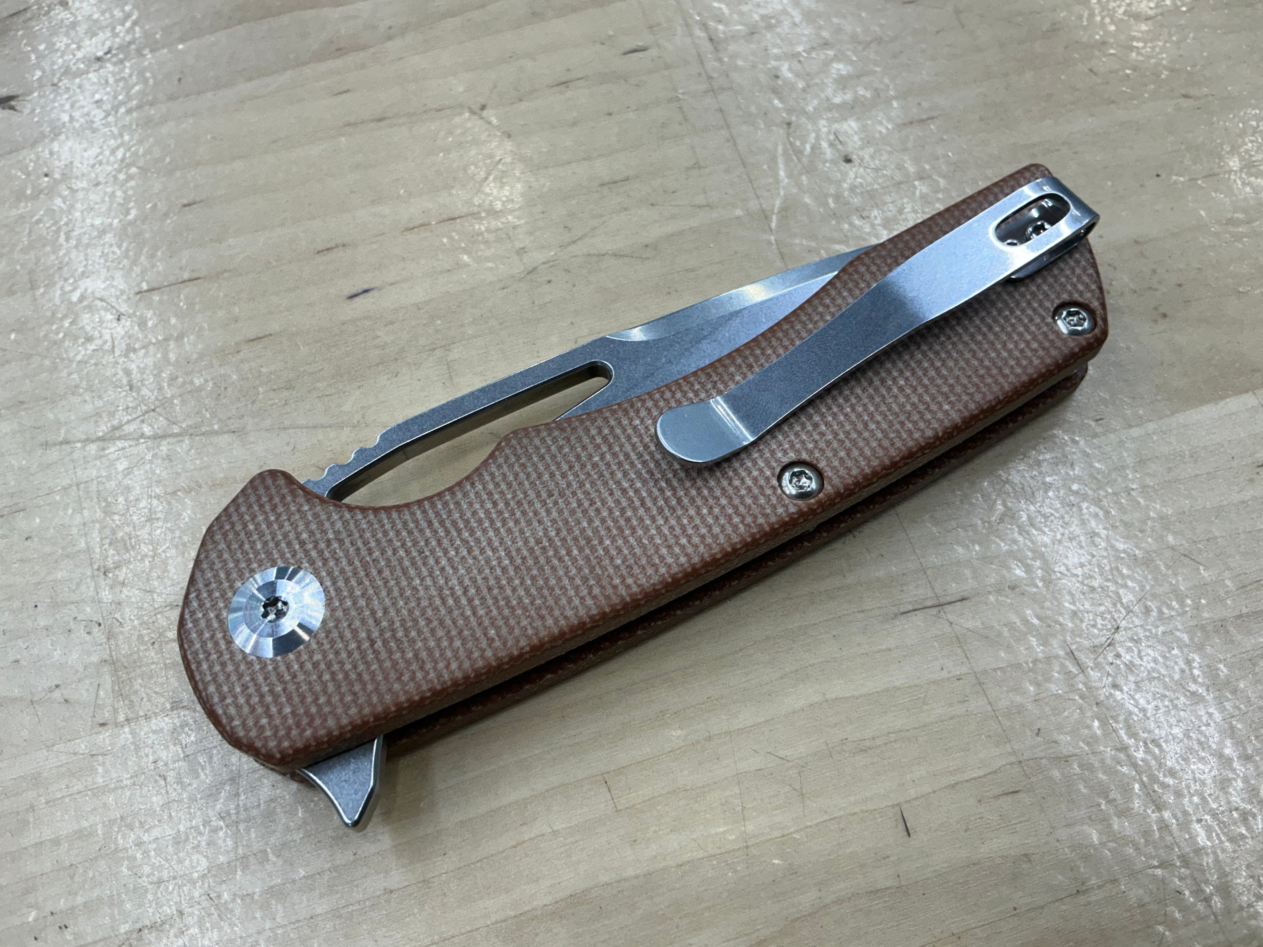 KANSEPT KRYO THUMB HOLE/FLIPPER KNIFE BROWN MICARTA HANDLE (3.58"12C28N BLADE) -T1001M4