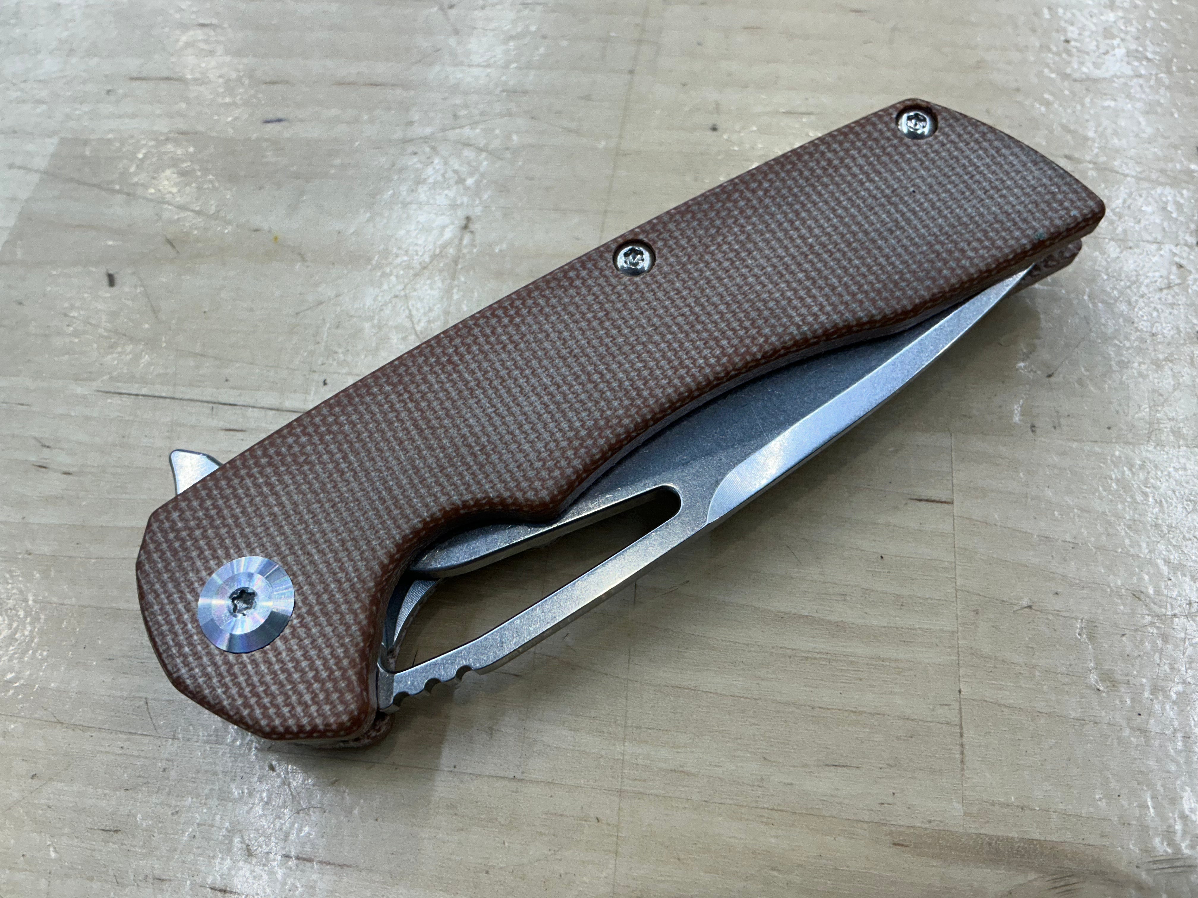 KANSEPT KRYO THUMB HOLE/FLIPPER KNIFE BROWN MICARTA HANDLE (3.58"12C28N BLADE) -T1001M4
