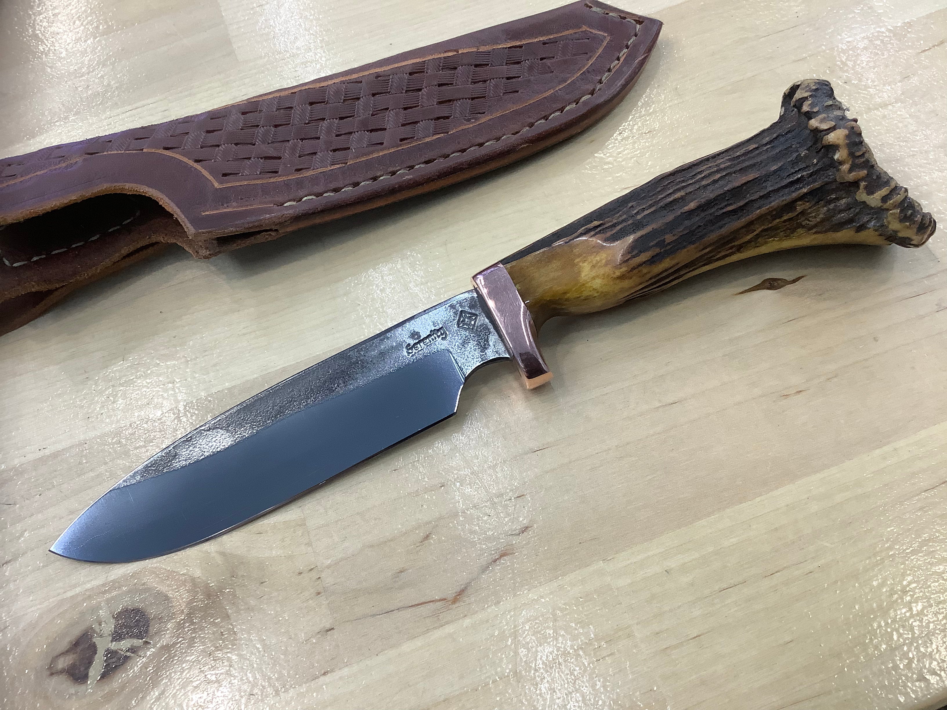 Drop Point Hunter in CPM154 with Copper Guard & Antler Handle