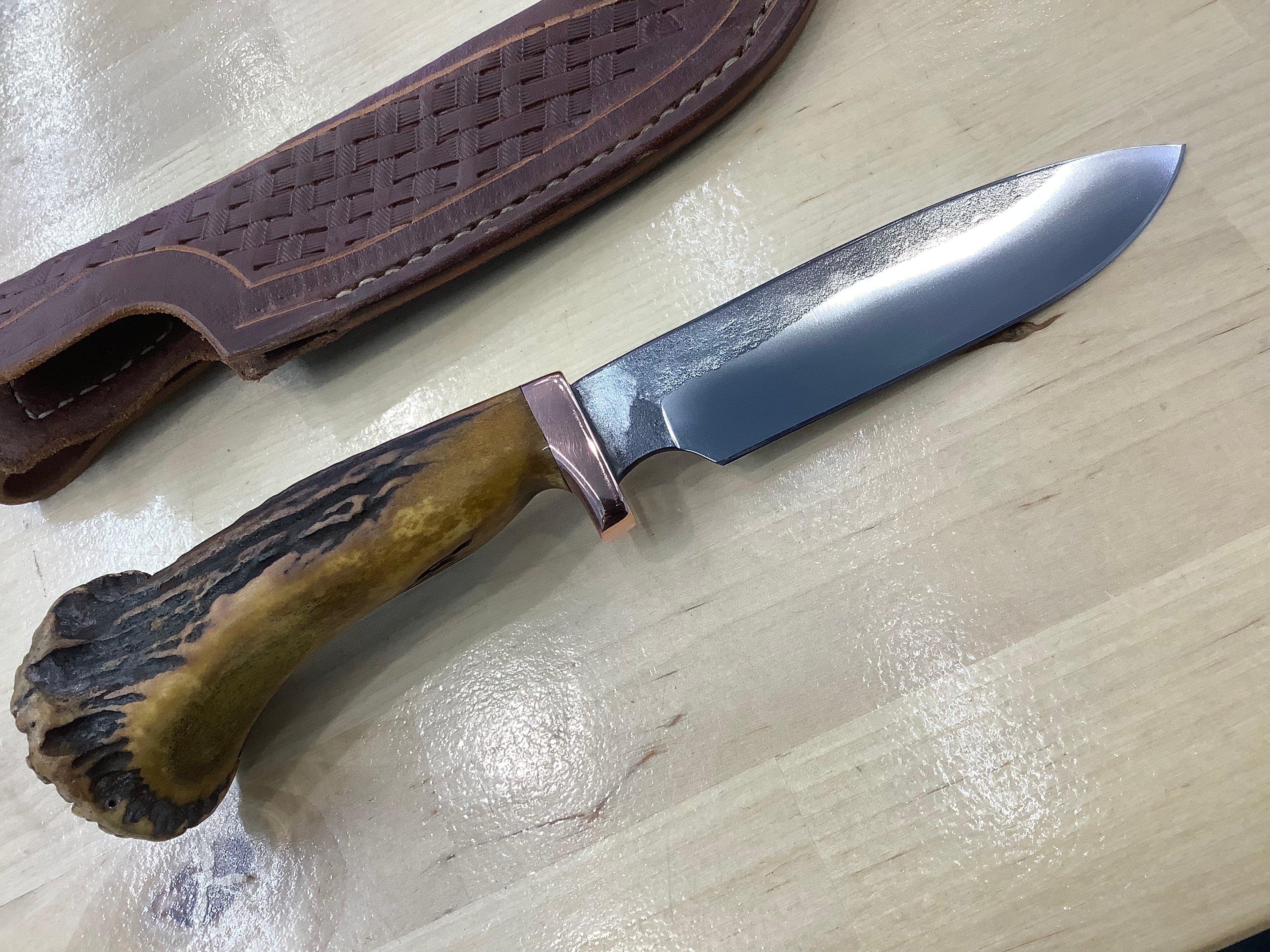 Drop Point Hunter in CPM154 with Copper Guard & Antler Handle