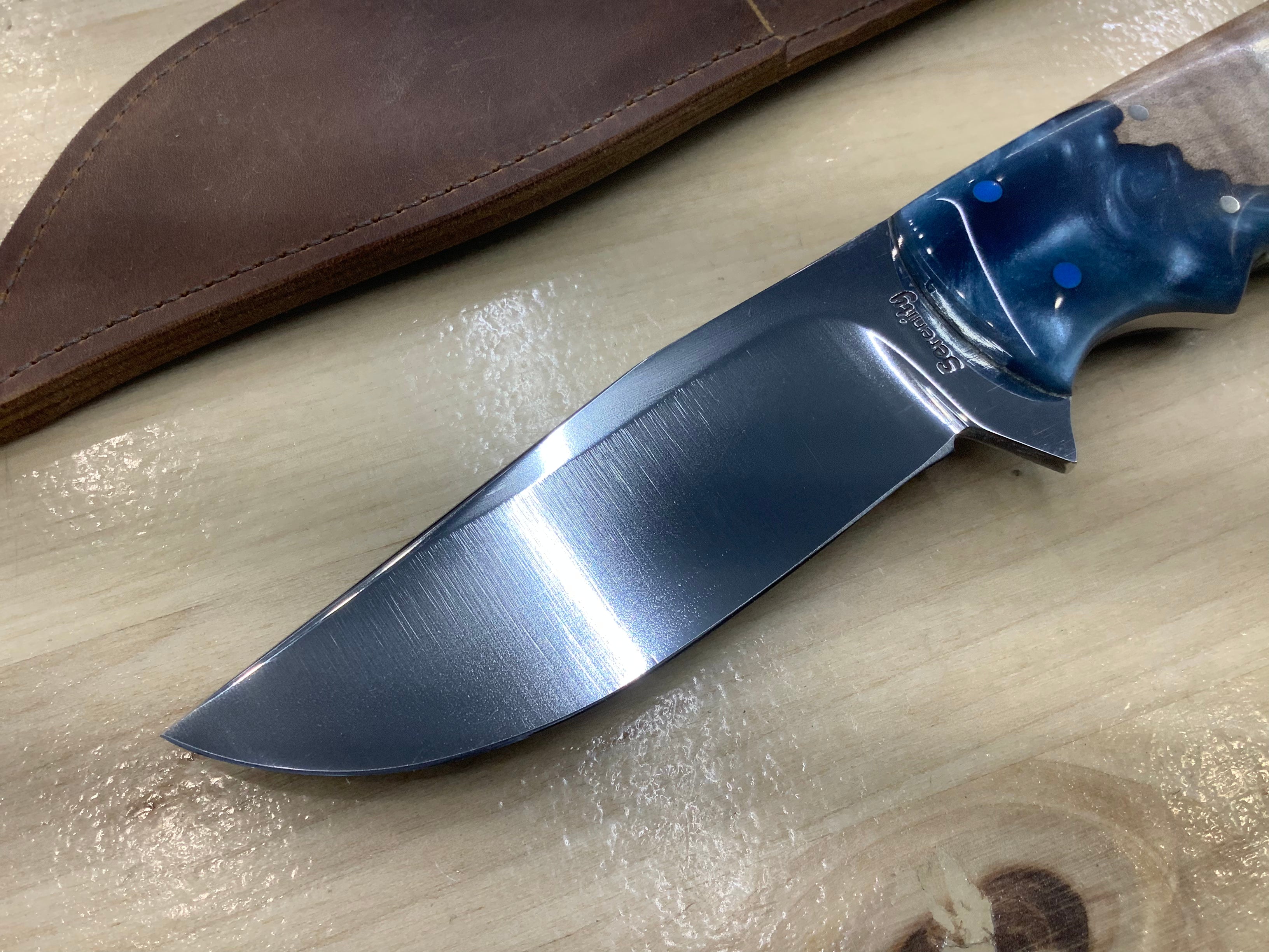 Hollow Ground Hunter in CPM154 Blue Resin & Maple Hybrid Handle