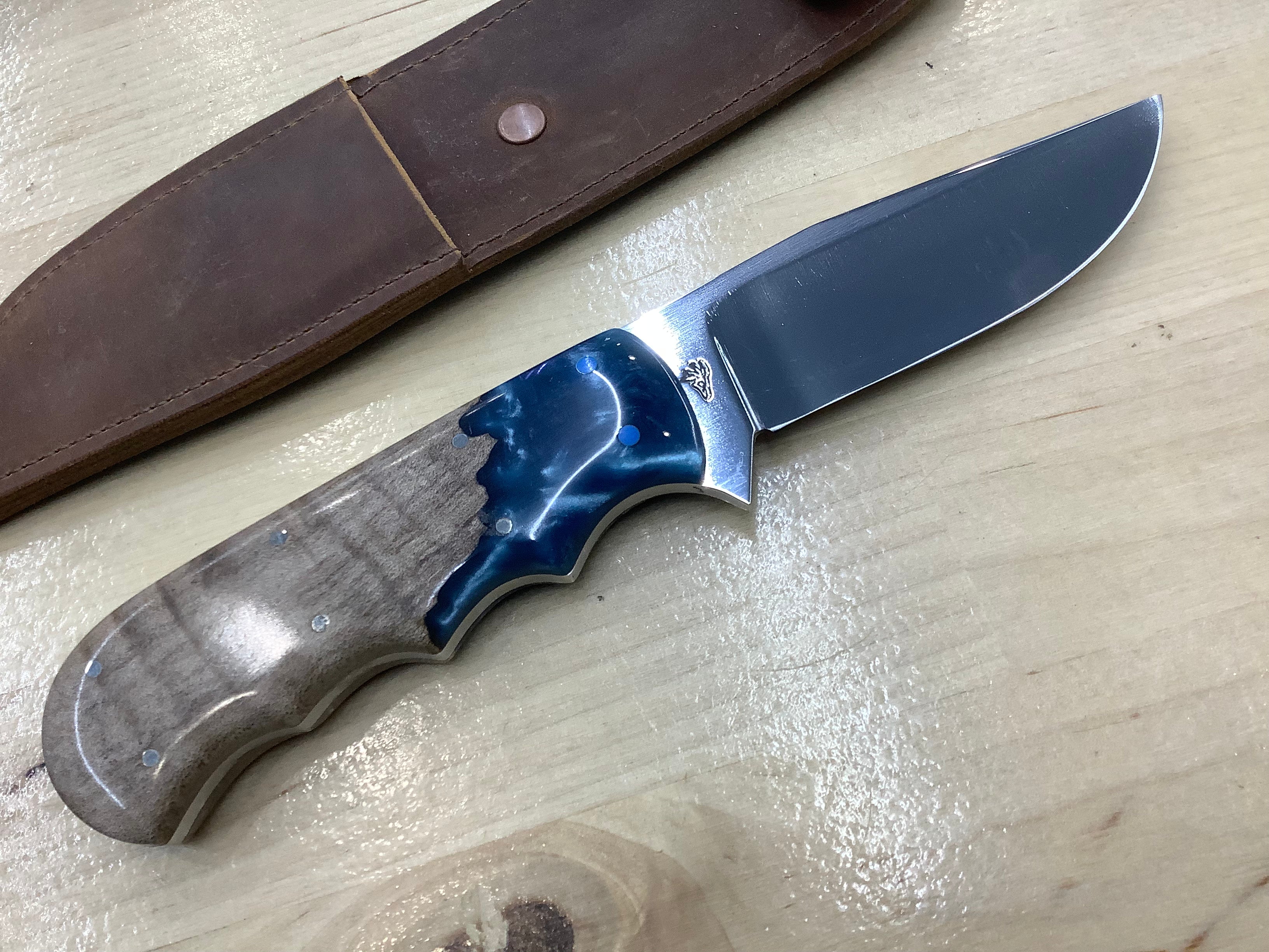 Hollow Ground Hunter in CPM154 Blue Resin & Maple Hybrid Handle