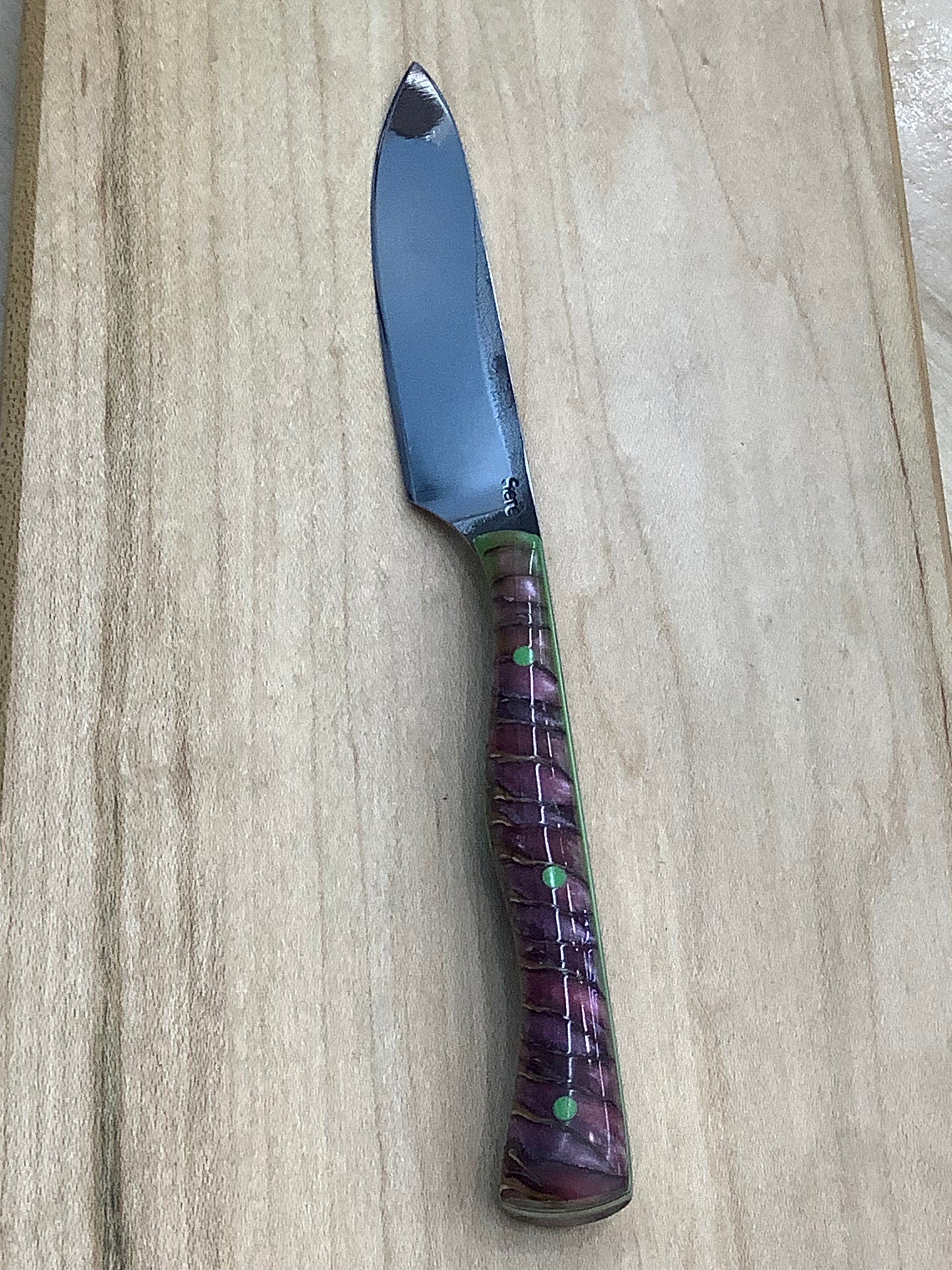 Slim Pairing Knife in CPM154 with Pink Pine cone Handle