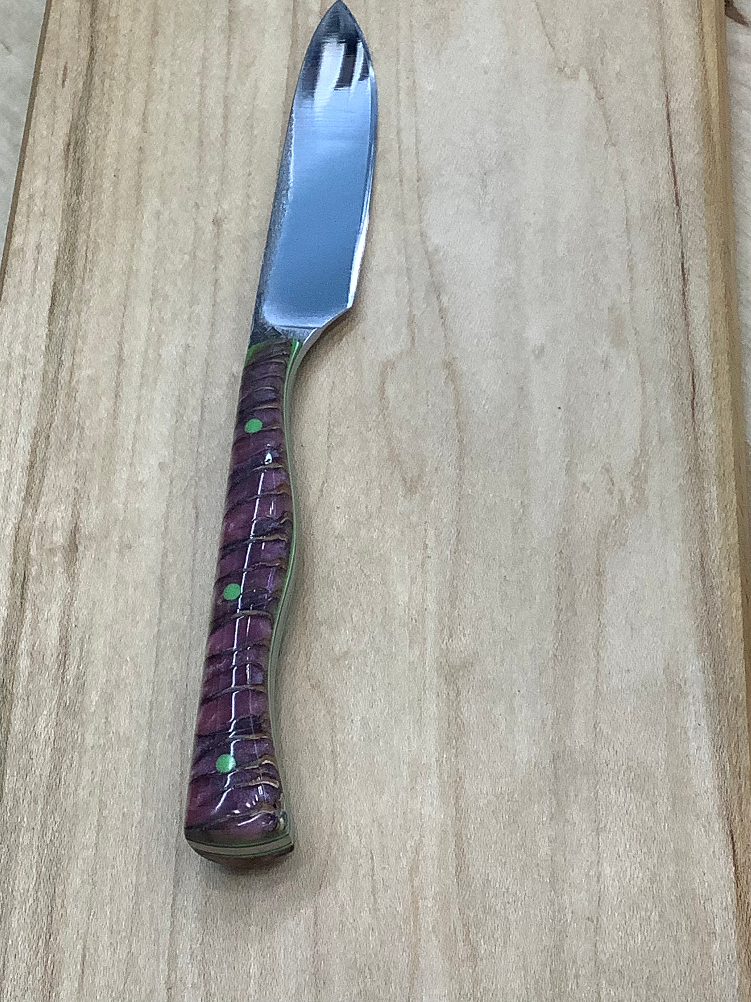 Slim Pairing Knife in CPM154 with Pink Pine cone Handle