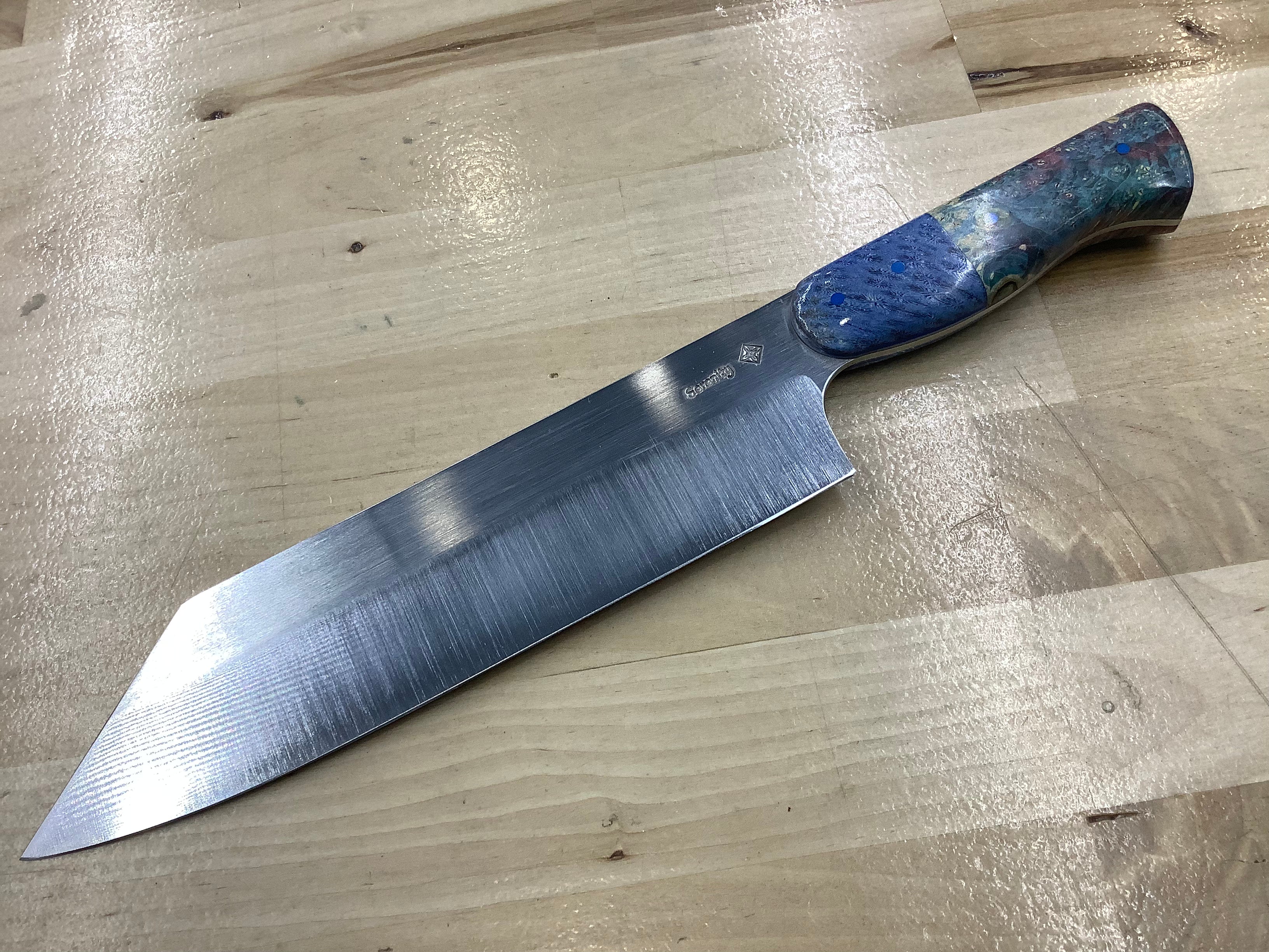 K-Tip Gyuto in CPM MagnaCut with Blue Corral Bolster & Double Dyed Box Elder Burl handle