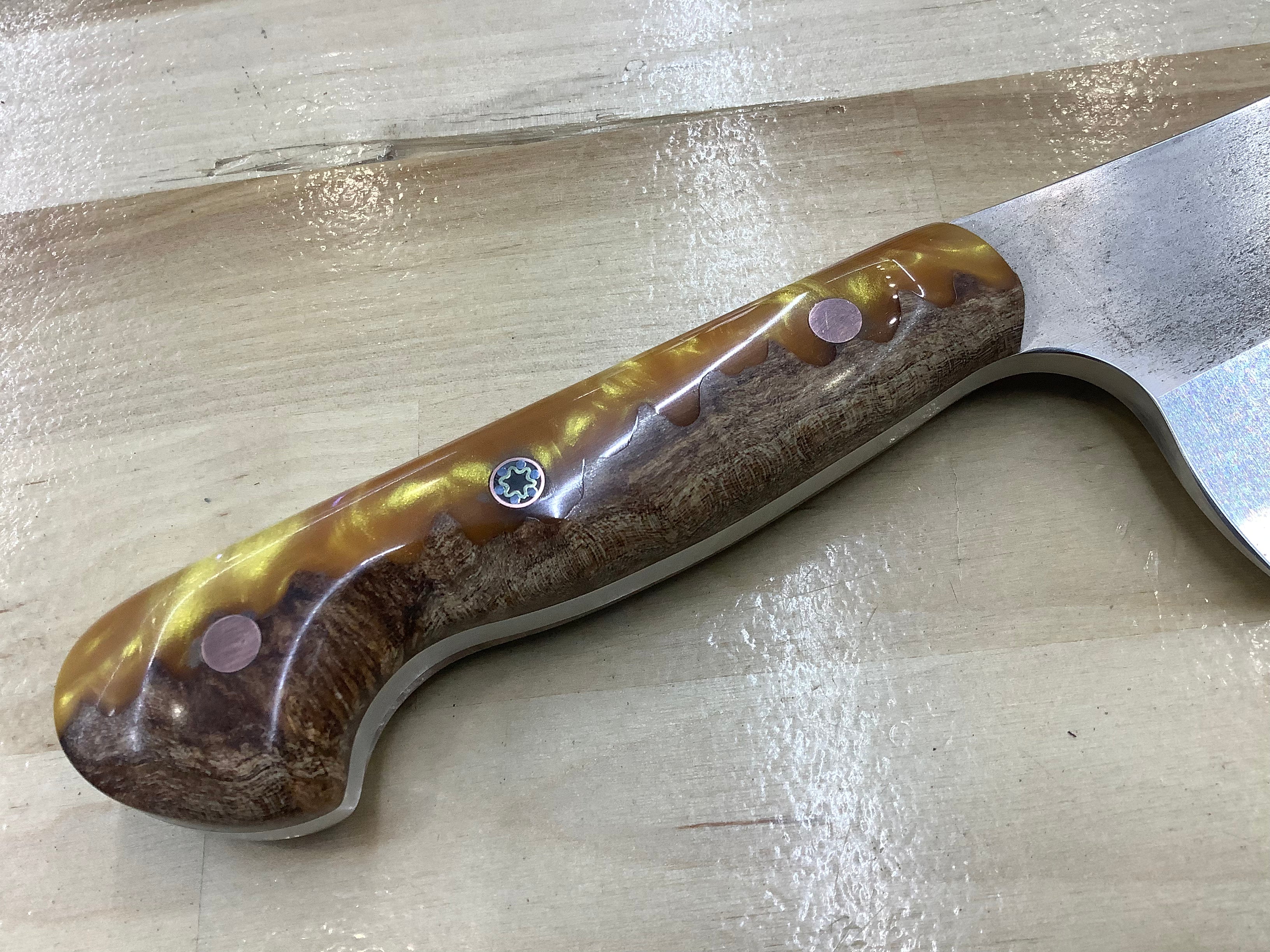 Western Style Cleaver in CPM MagnaCut with an AAO Maple & Gold Resin Hybrid Handle