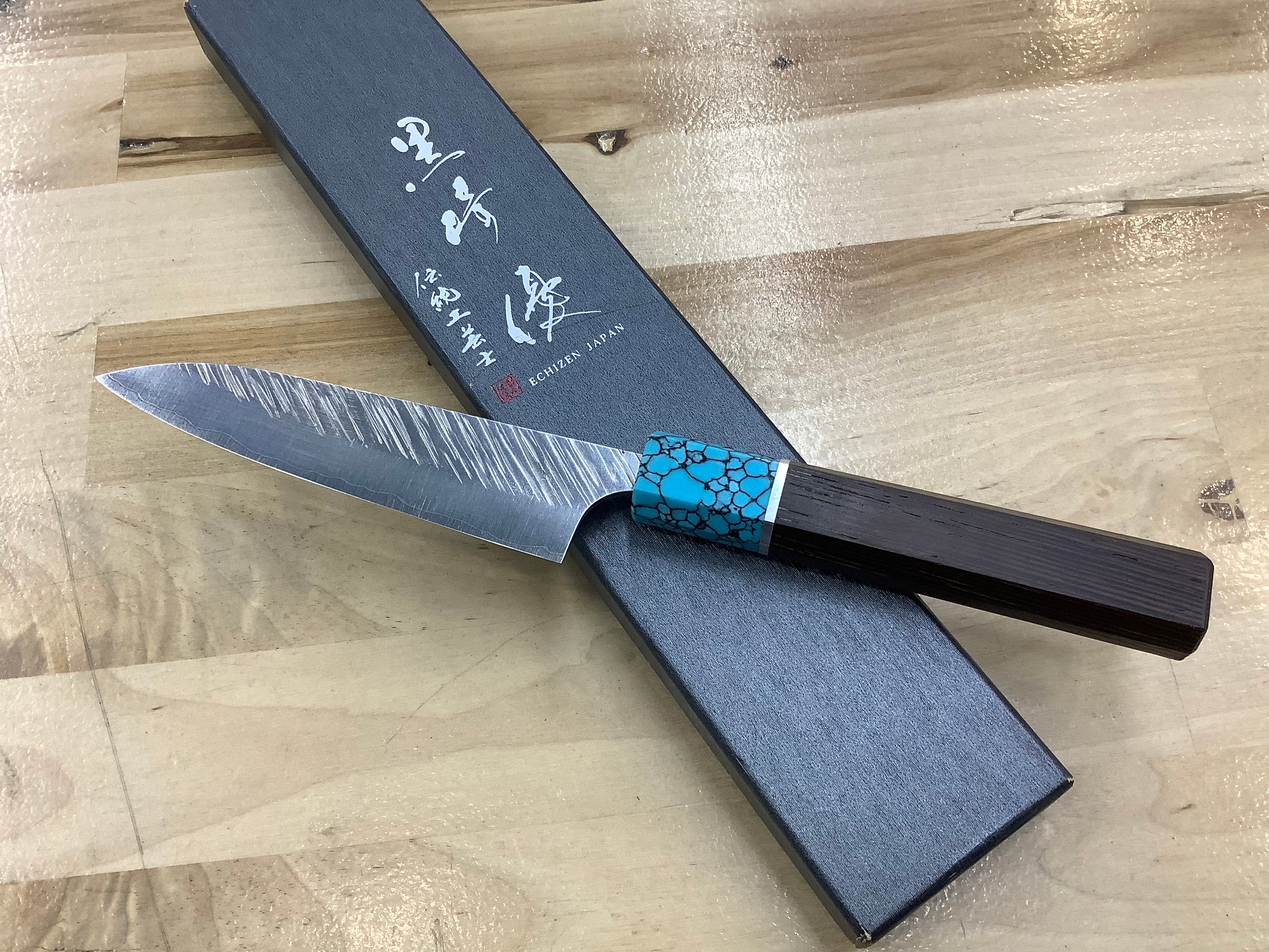 Yu Kurosaki SPG2 Clad FUJIN Japanese Chef's Petty Knife 120mm with Blue Turquoise & Wenge Handle