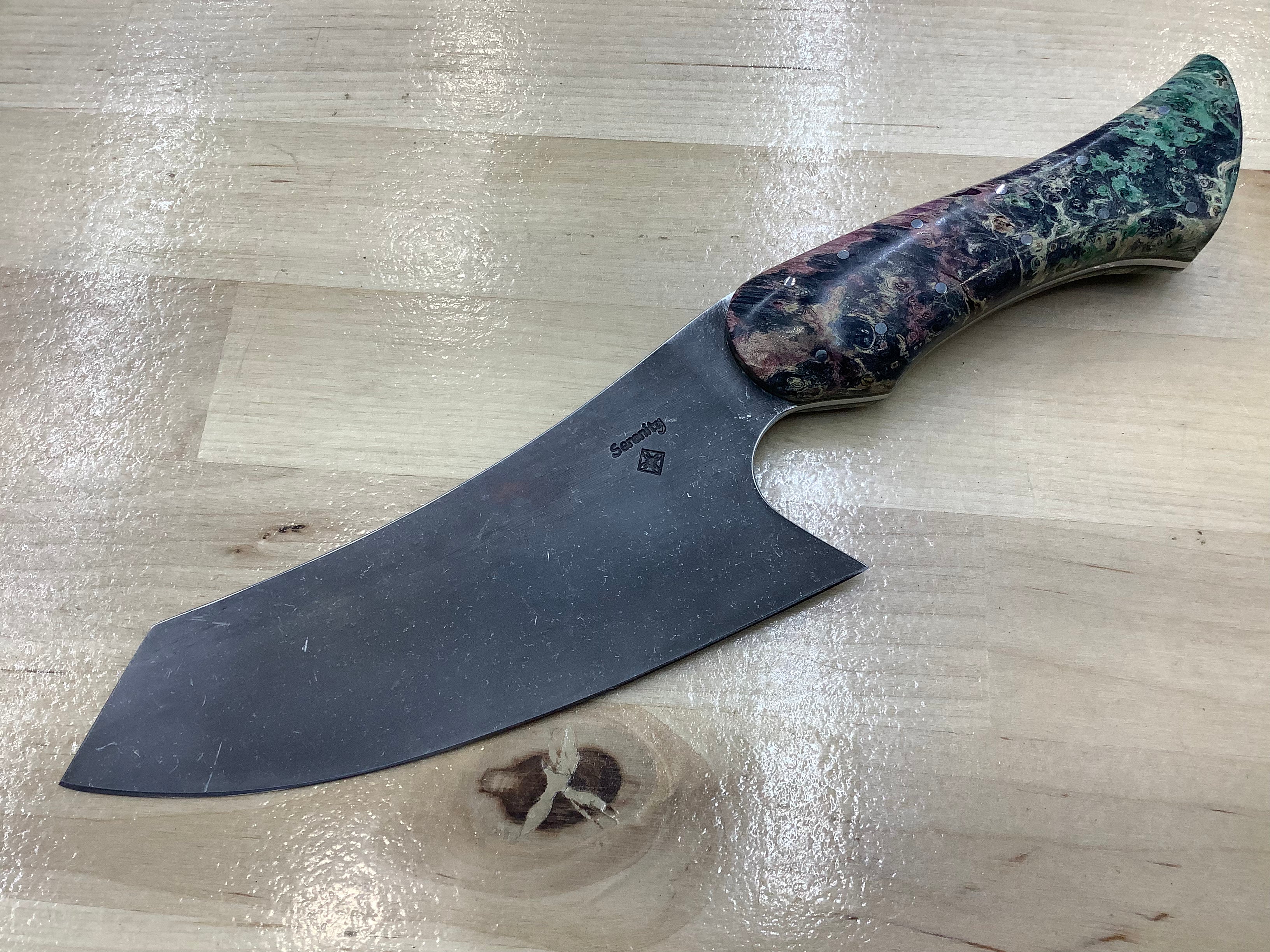 Hybrid Rocking Santoku in CPM MagnaCut Stonewashed with Quad Dyed Box Elder Burl