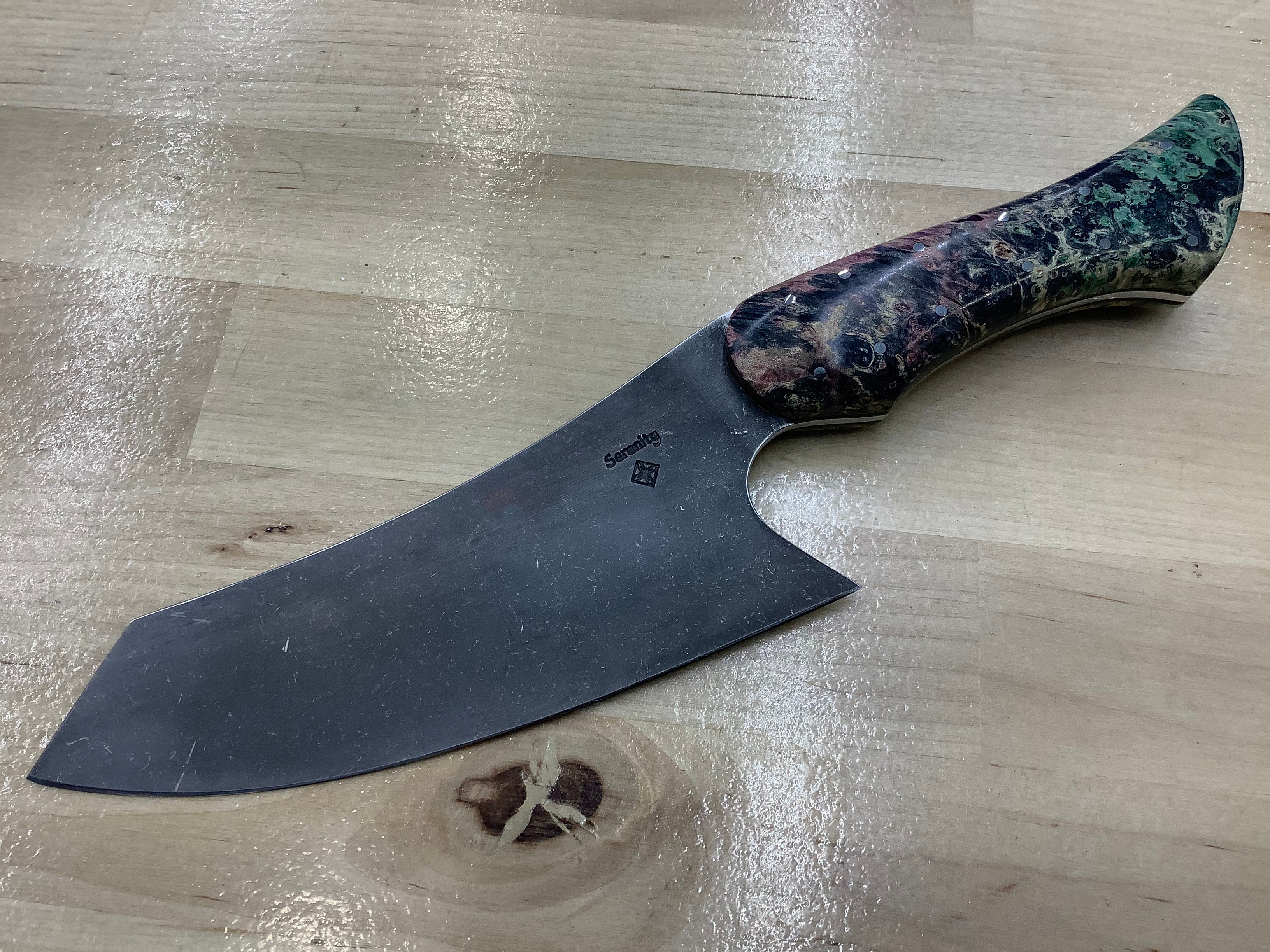 Hybrid Rocking Santoku in CPM MagnaCut Stonewashed with Quad Dyed Box Elder Burl