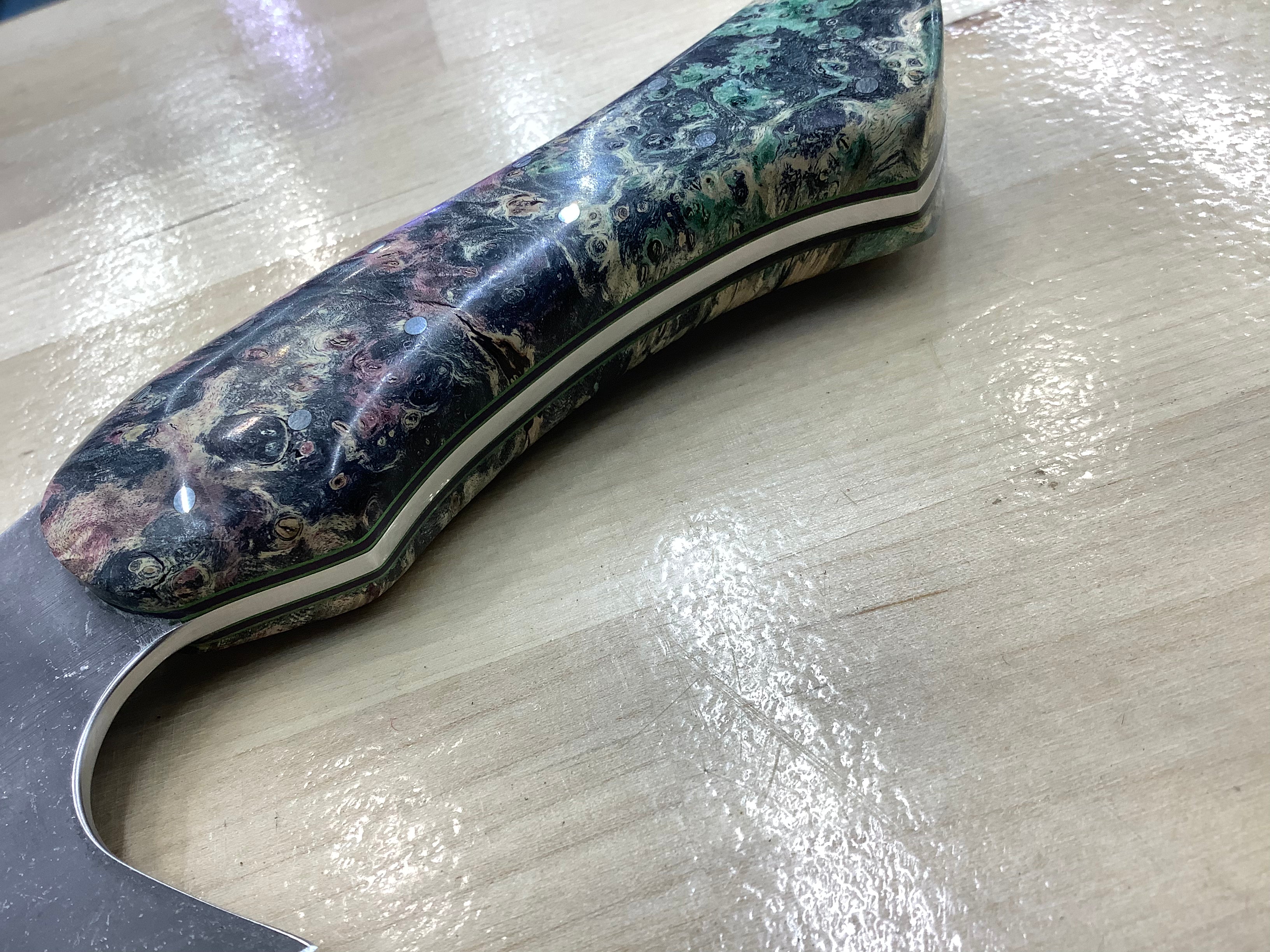 Hybrid Rocking Santoku in CPM MagnaCut Stonewashed with Quad Dyed Box Elder Burl