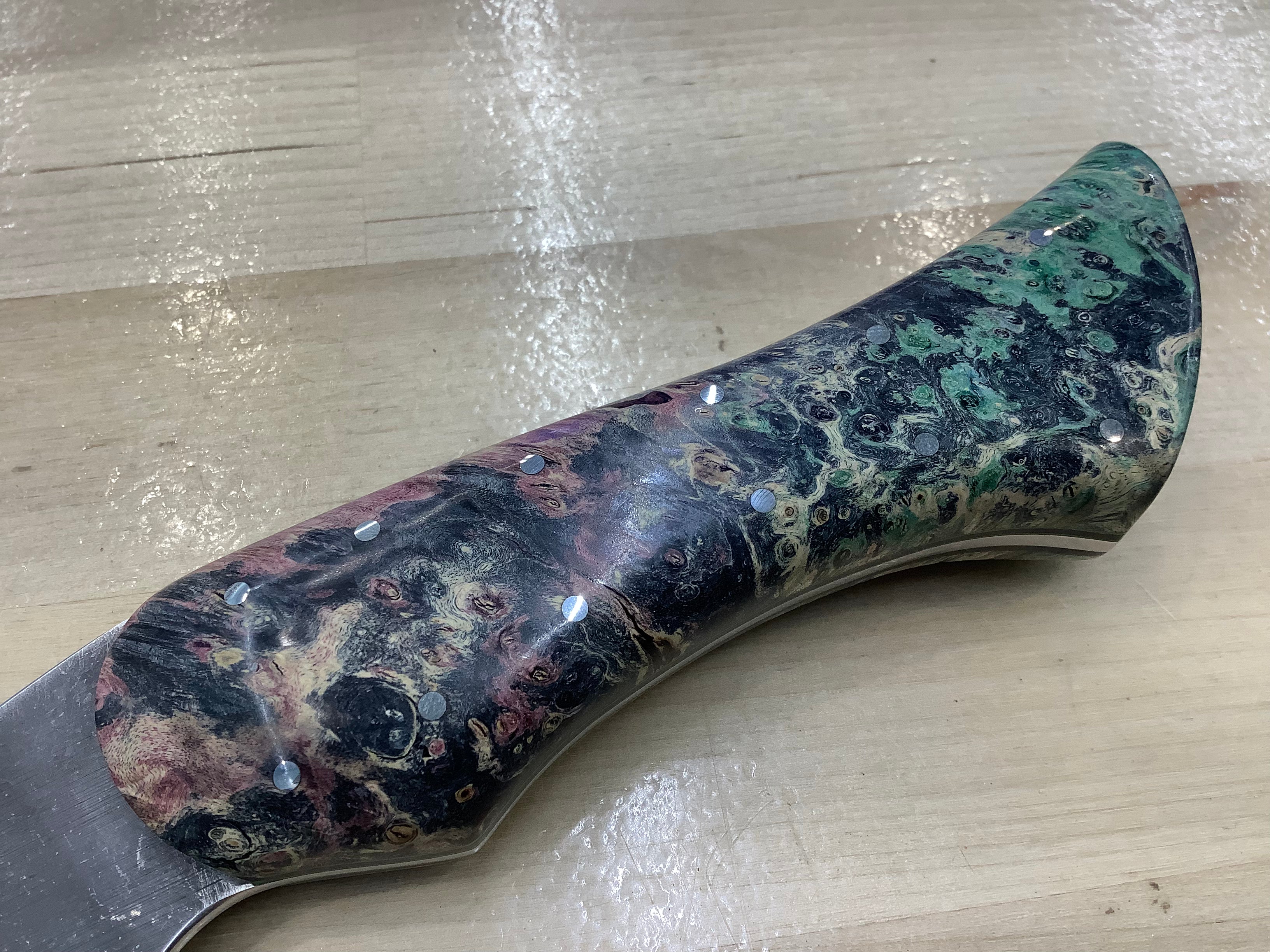 Hybrid Rocking Santoku in CPM MagnaCut Stonewashed with Quad Dyed Box Elder Burl