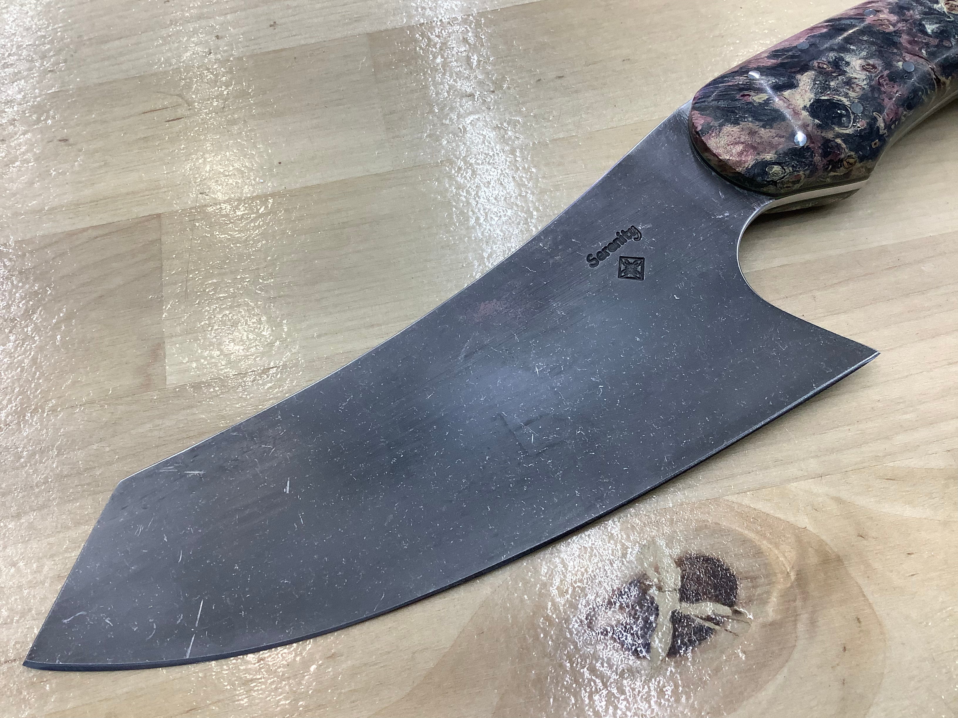 Hybrid Rocking Santoku in CPM MagnaCut Stonewashed with Quad Dyed Box Elder Burl