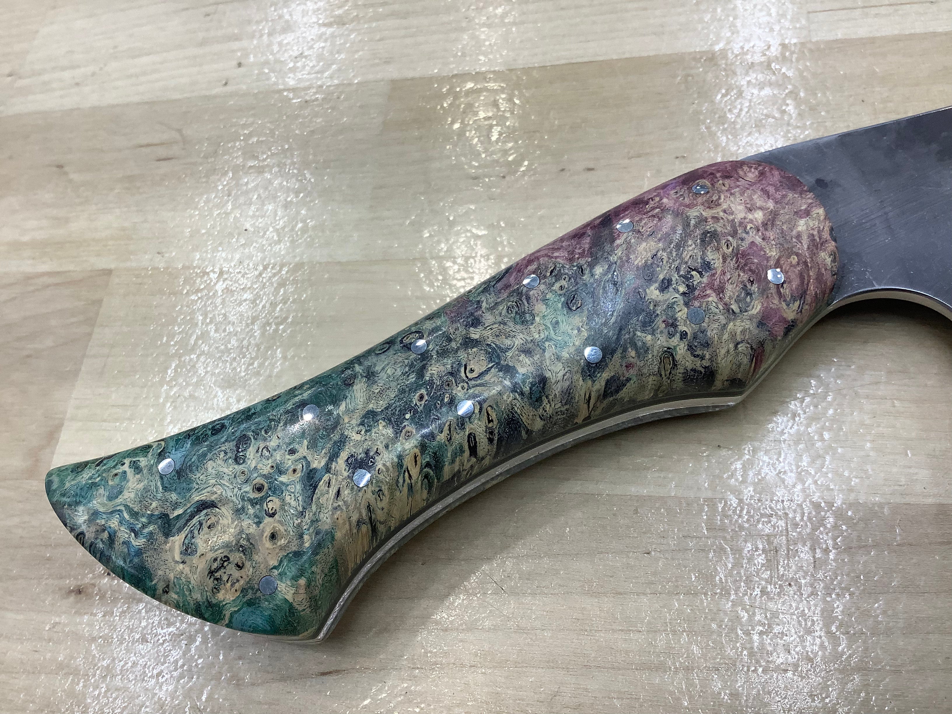 Hybrid Rocking Santoku in CPM MagnaCut Stonewashed with Quad Dyed Box Elder Burl