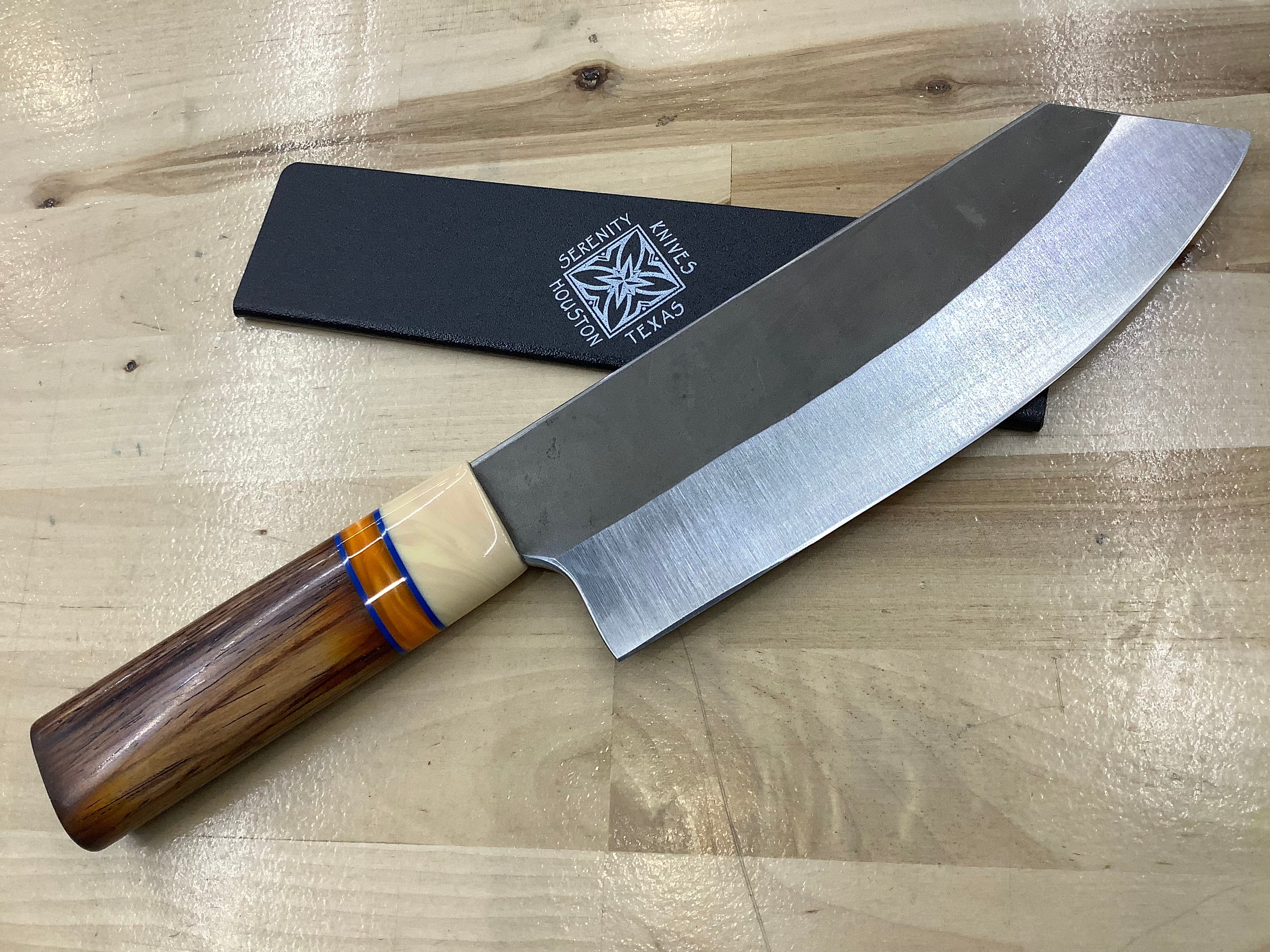 Hidden Tang Hunka Bunka Bocho in MagnaCut with Faux Ivory, G-10 & Kirnite Ferrule with Cocobolo Handle