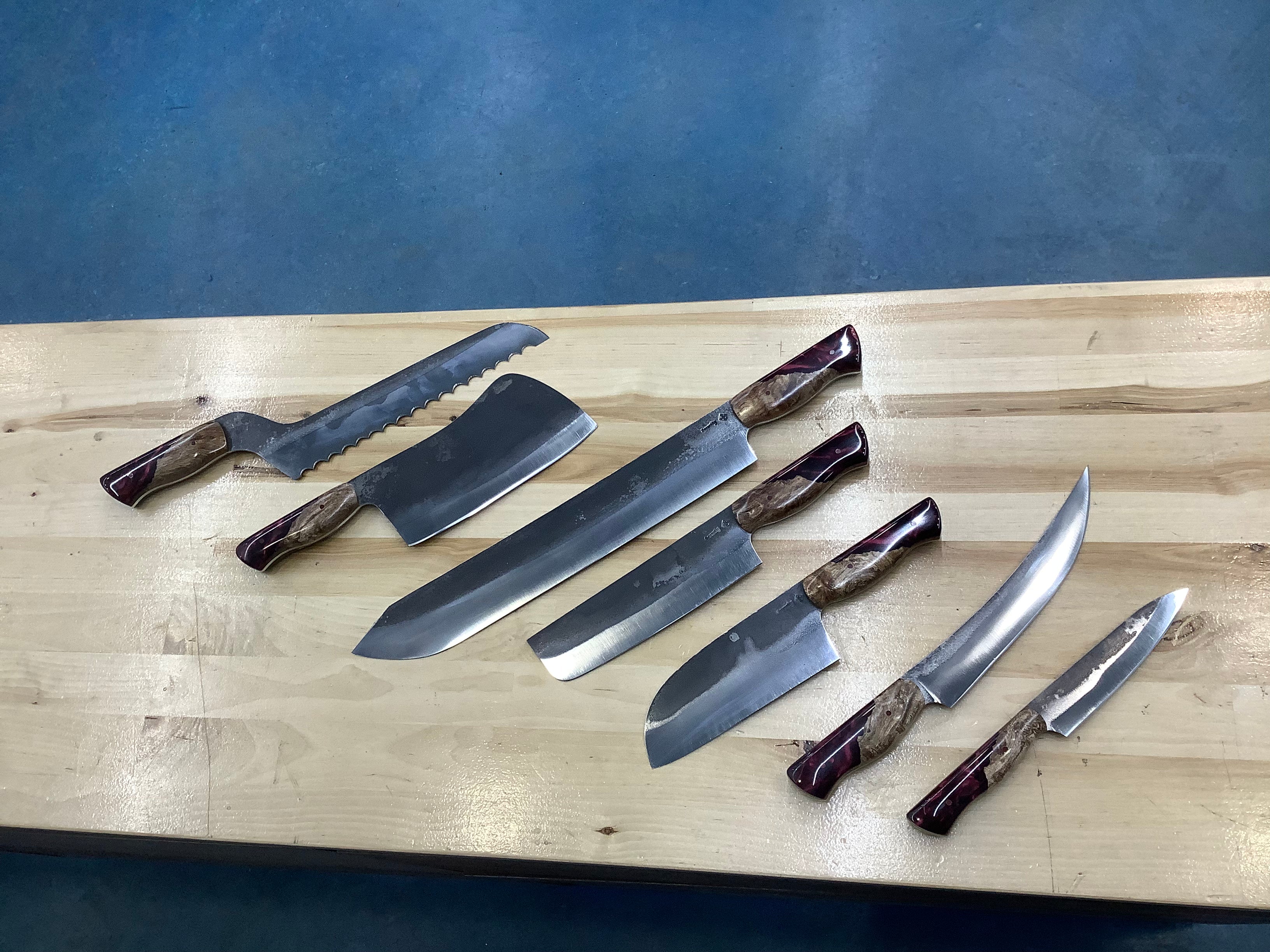 Set of 7 Kitchen Knives & 10 Steak Knives - CPM 154 - Maple Burl & Burgundy Resin with Pecan Block