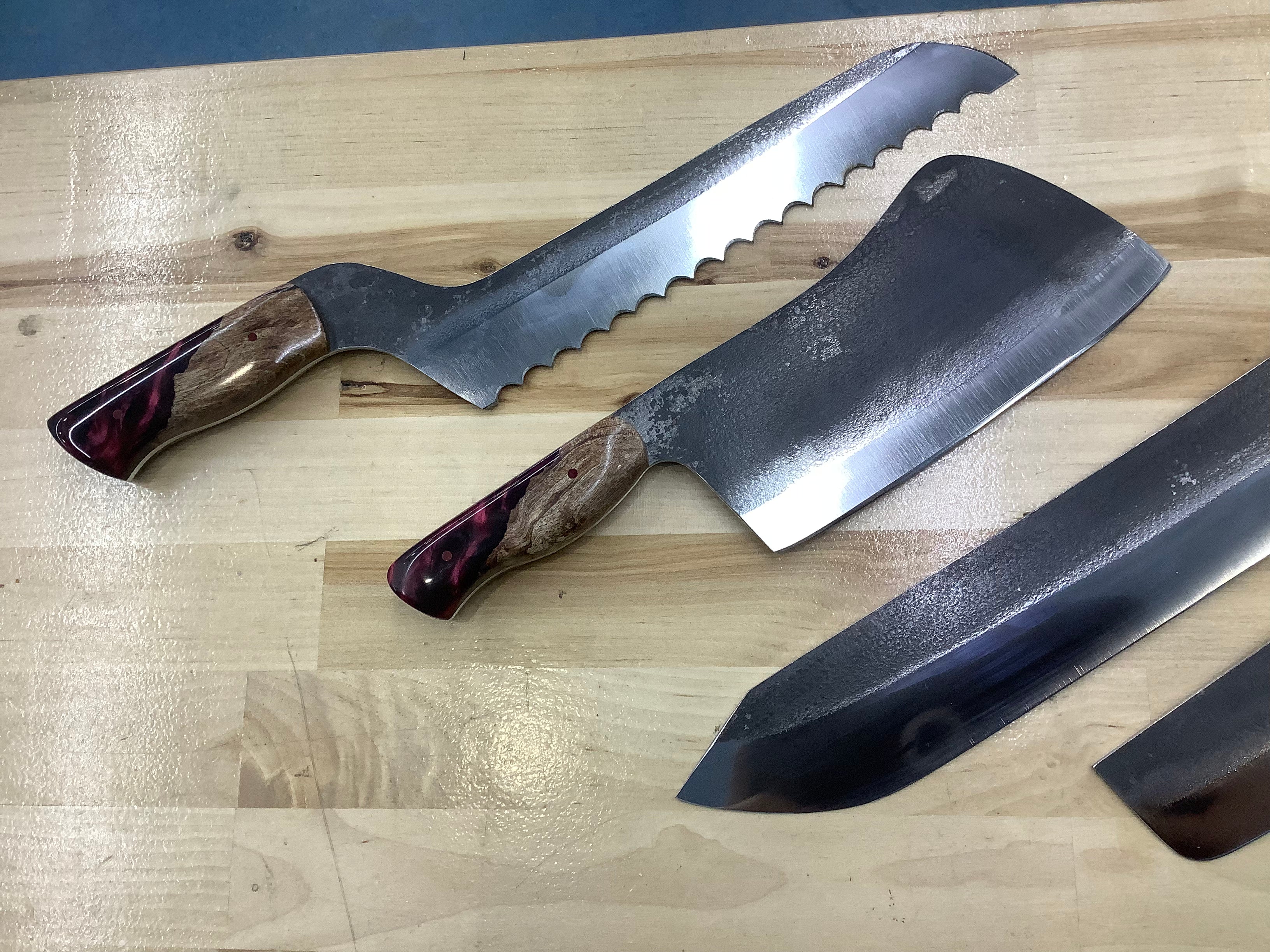 Set of 7 Kitchen Knives & 10 Steak Knives - CPM 154 - Maple Burl & Burgundy Resin with Pecan Block