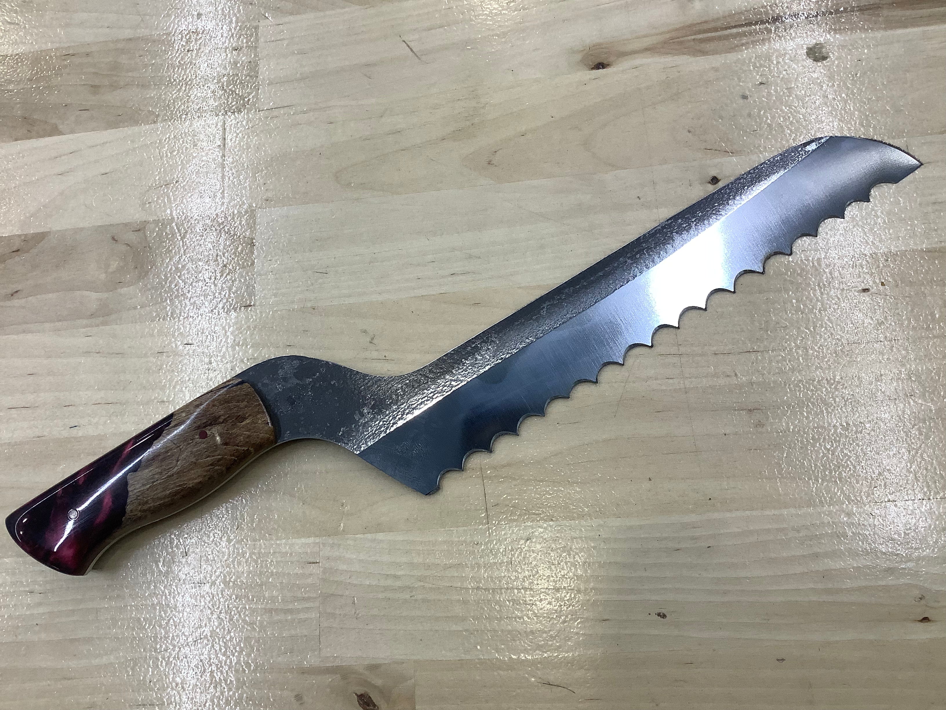 Set of 7 Kitchen Knives & 10 Steak Knives - CPM 154 - Maple Burl & Burgundy Resin with Pecan Block