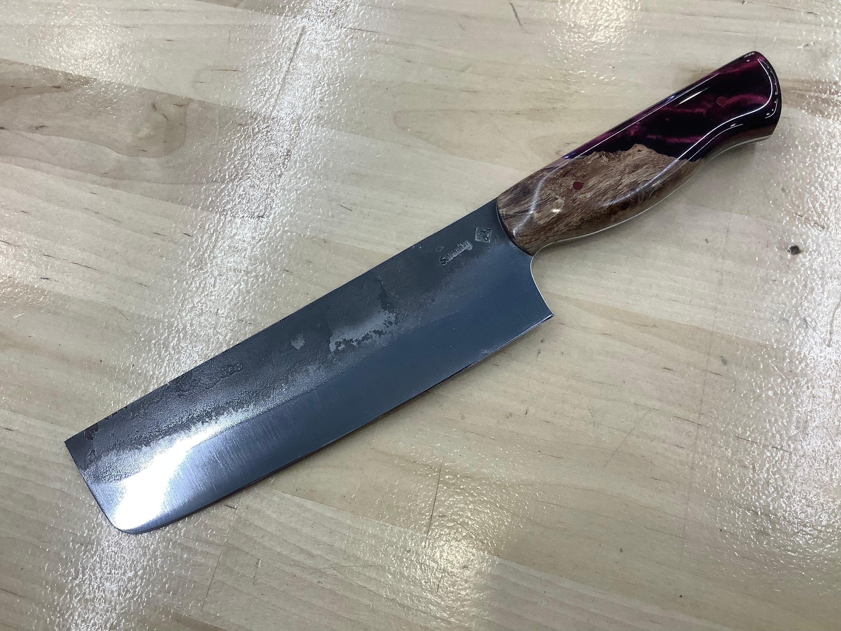 Set of 7 Kitchen Knives & 10 Steak Knives - CPM 154 - Maple Burl & Burgundy Resin with Pecan Block