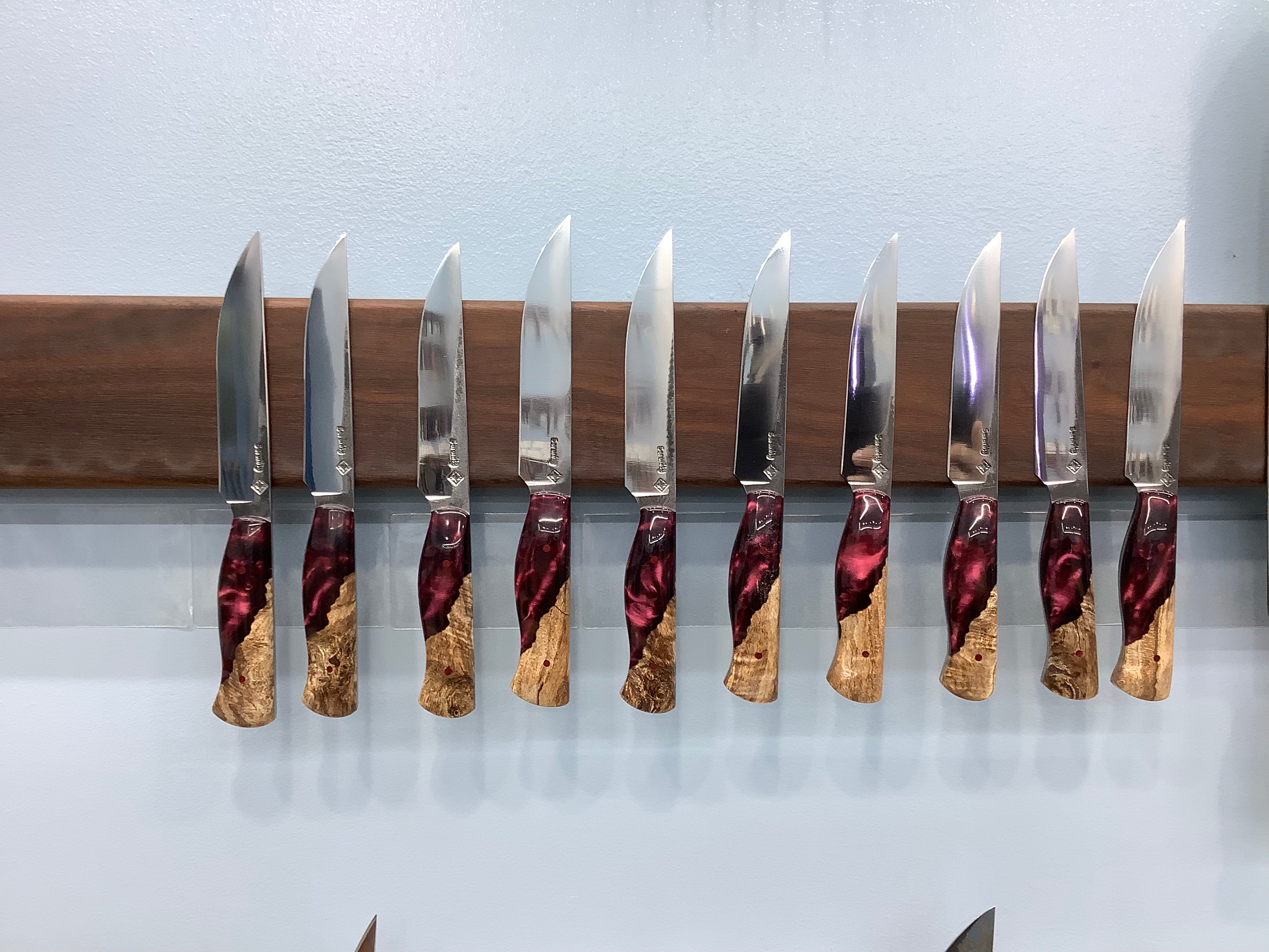 Set of 7 Kitchen Knives & 10 Steak Knives - CPM 154 - Maple Burl & Burgundy Resin with Pecan Block