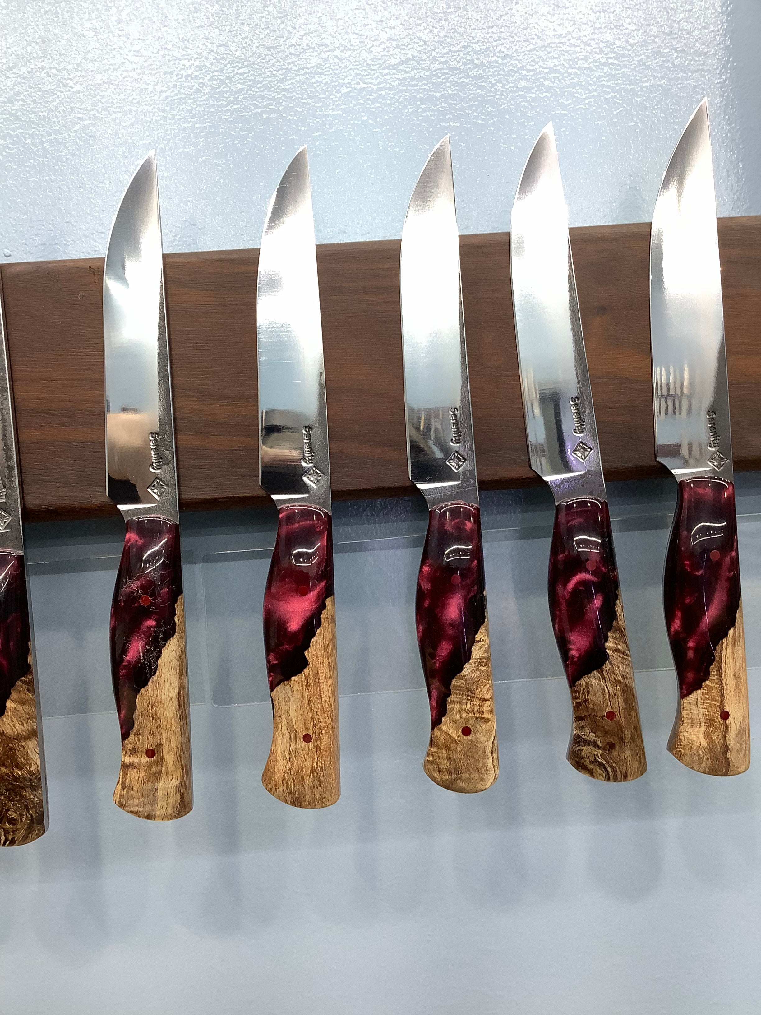 Set of 7 Kitchen Knives & 10 Steak Knives - CPM 154 - Maple Burl & Burgundy Resin with Pecan Block