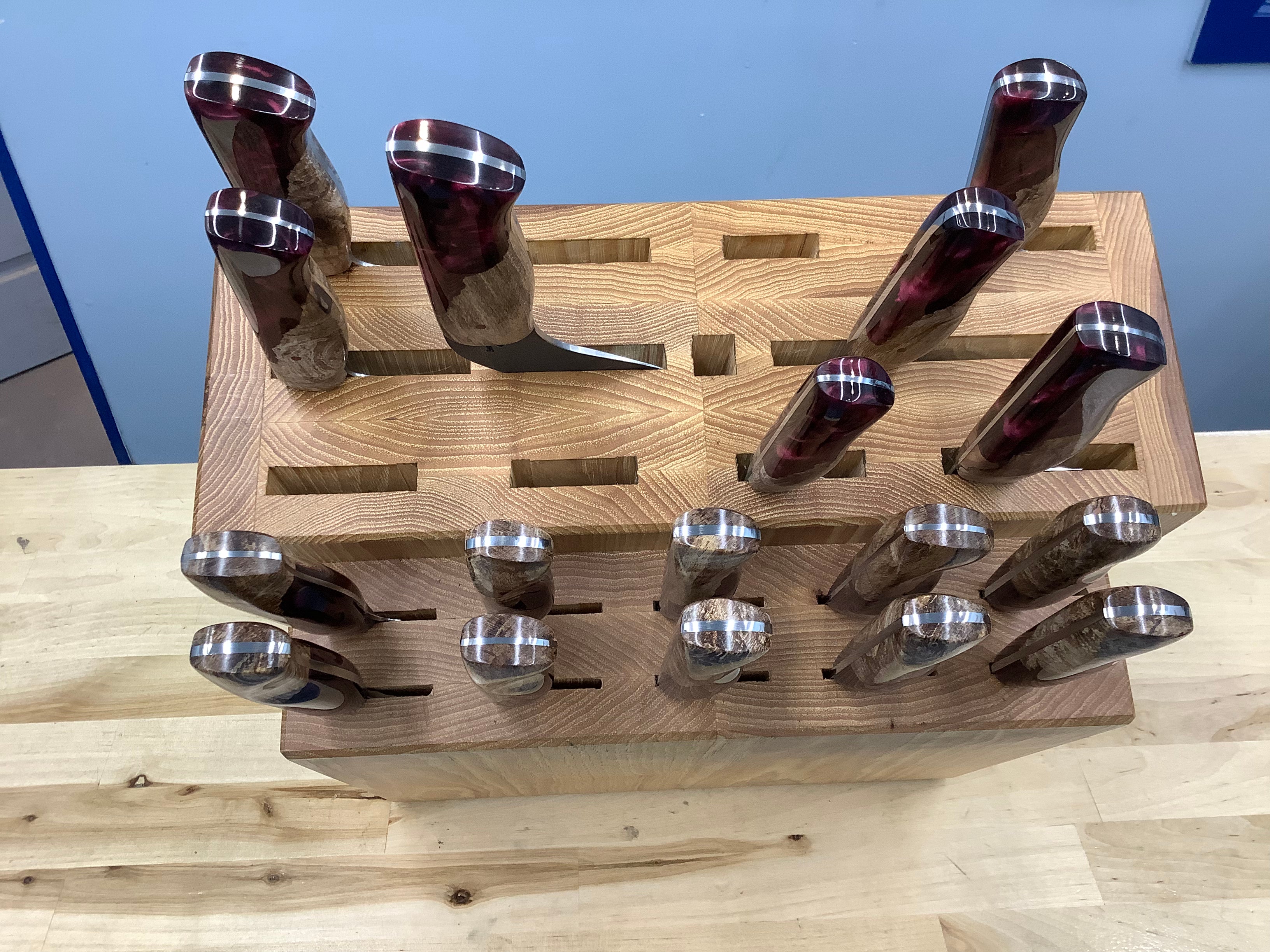 Set of 7 Kitchen Knives & 10 Steak Knives - CPM 154 - Maple Burl & Burgundy Resin with Pecan Block