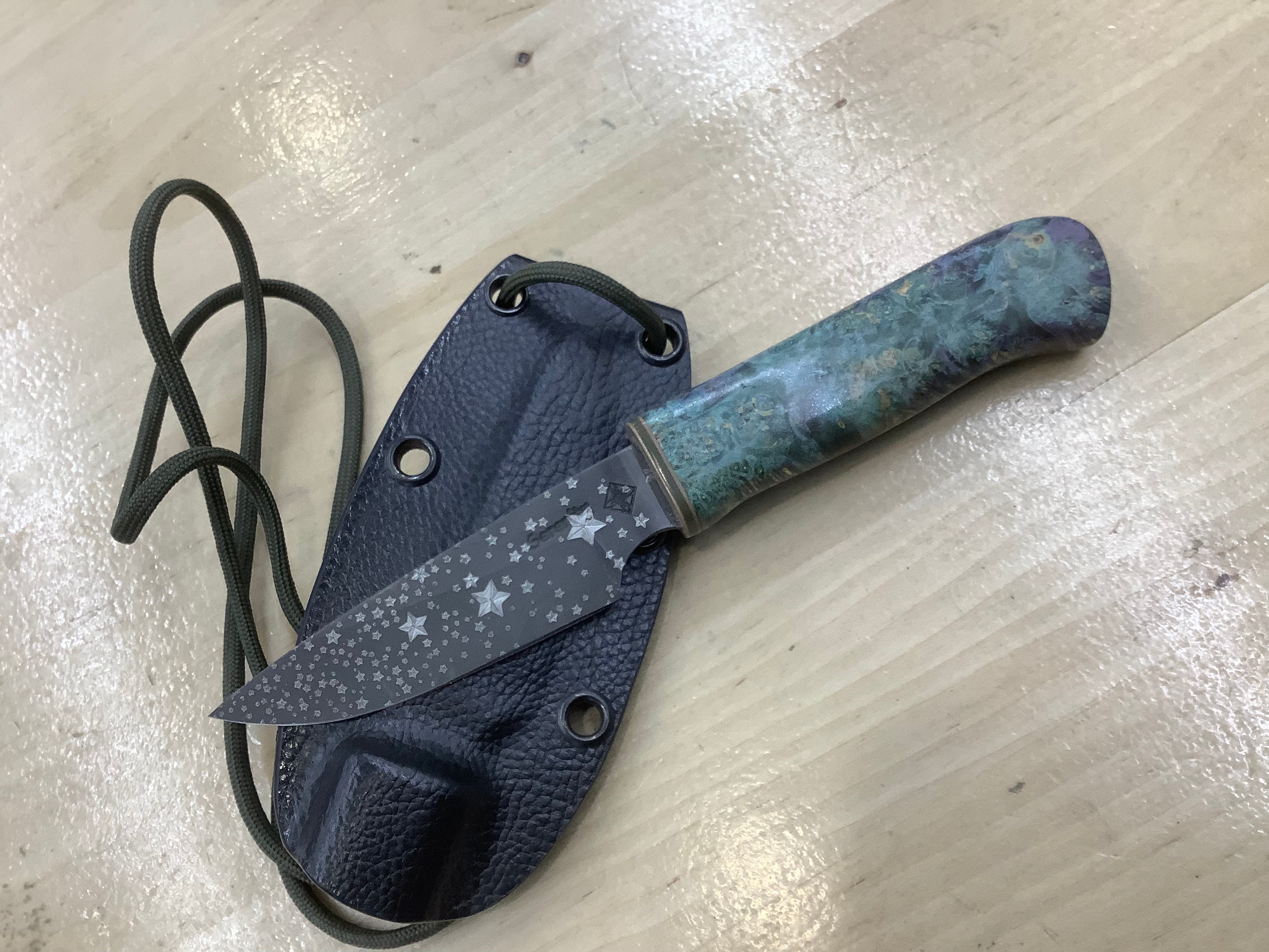 Starry Night Neck Knife CPM MagnaCut with Box Elder Burl- Neck Knife Sheath