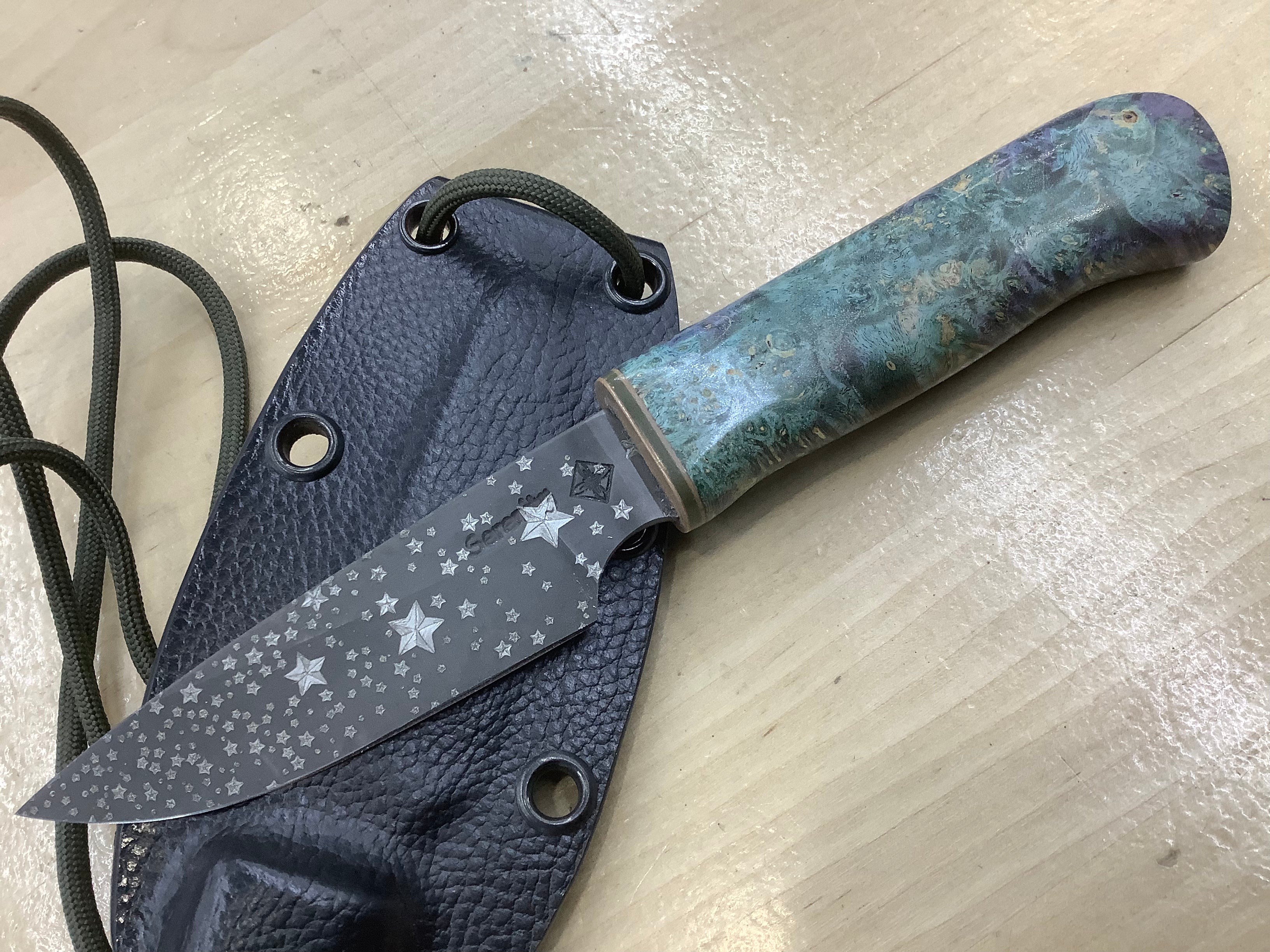 Starry Night Neck Knife CPM MagnaCut with Box Elder Burl- Neck Knife Sheath