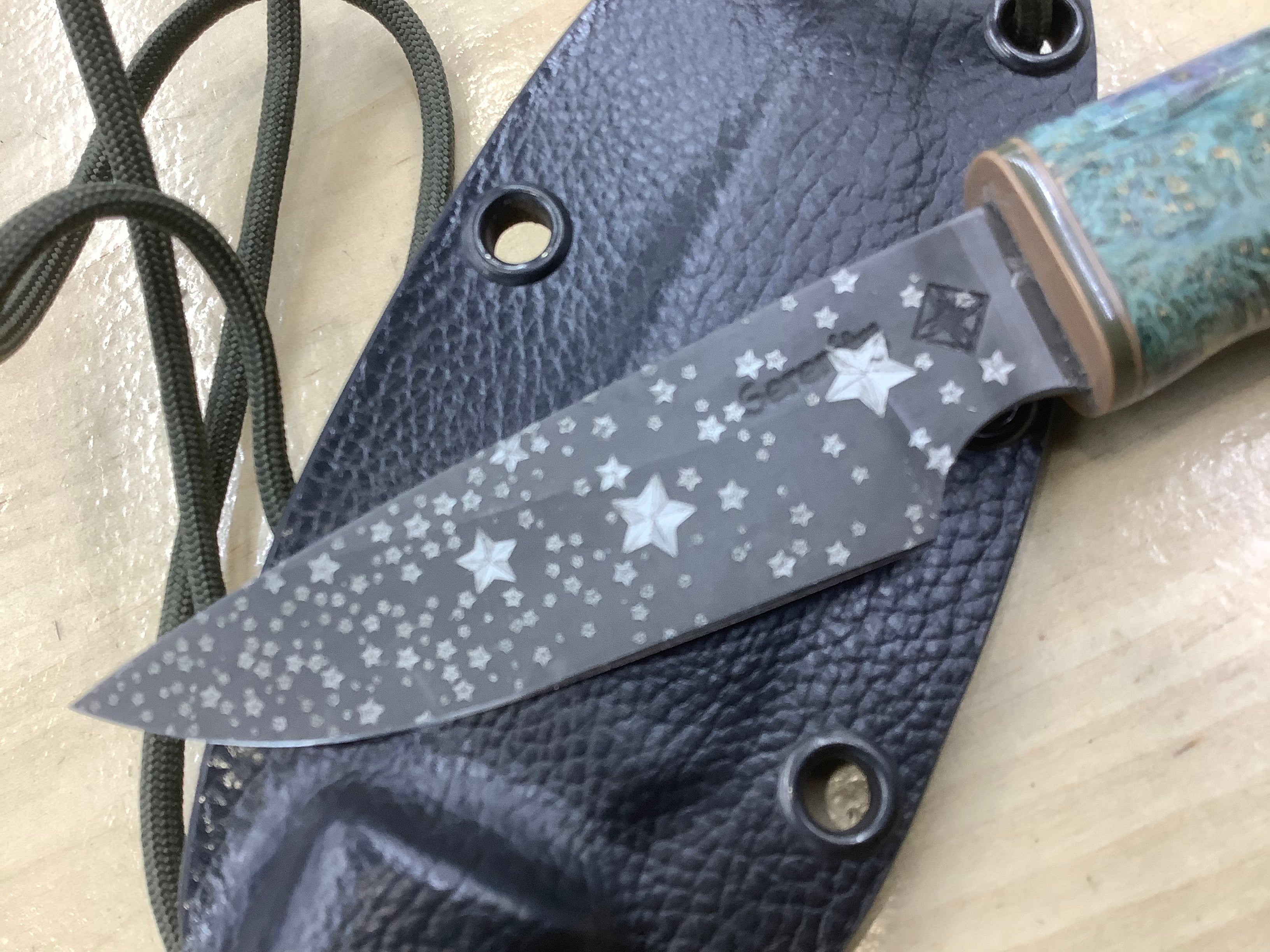 Starry Night Neck Knife CPM MagnaCut with Box Elder Burl- Neck Knife Sheath