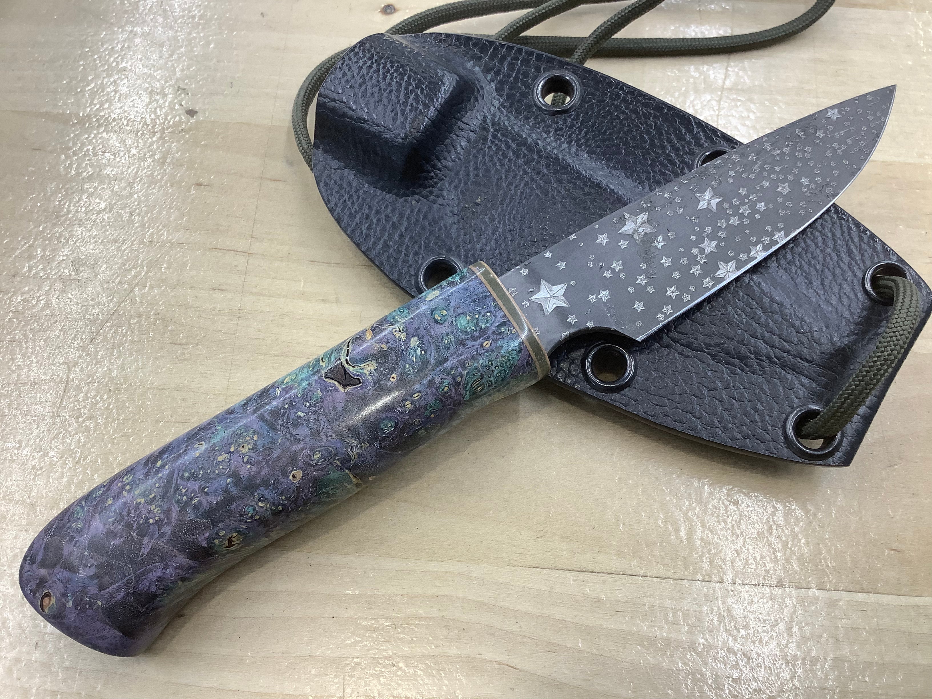 Starry Night Neck Knife CPM MagnaCut with Box Elder Burl- Neck Knife Sheath