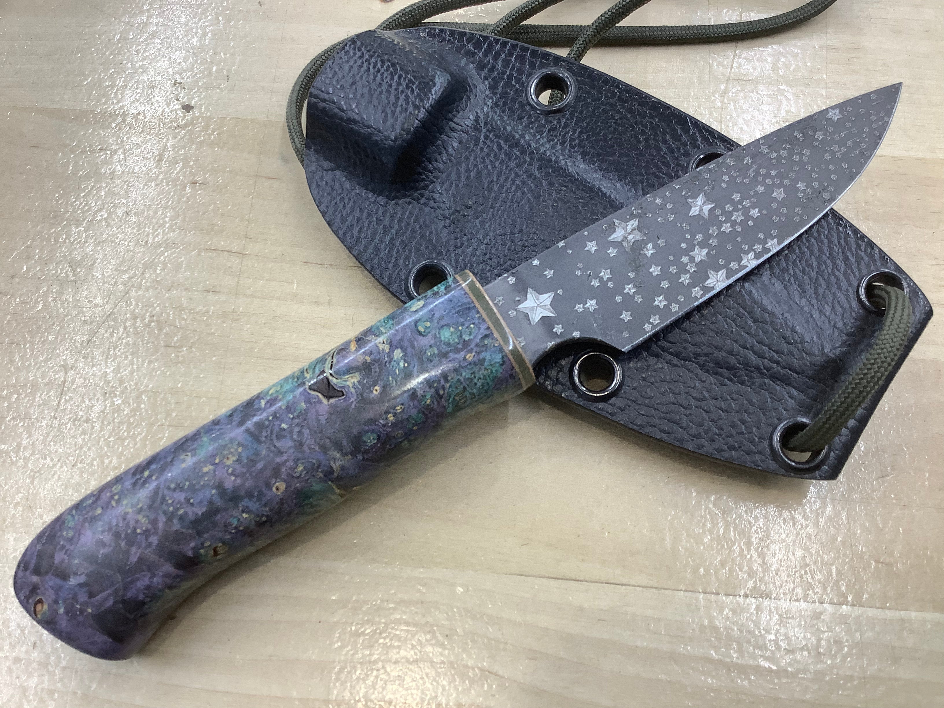 Starry Night Neck Knife CPM MagnaCut with Box Elder Burl- Neck Knife Sheath